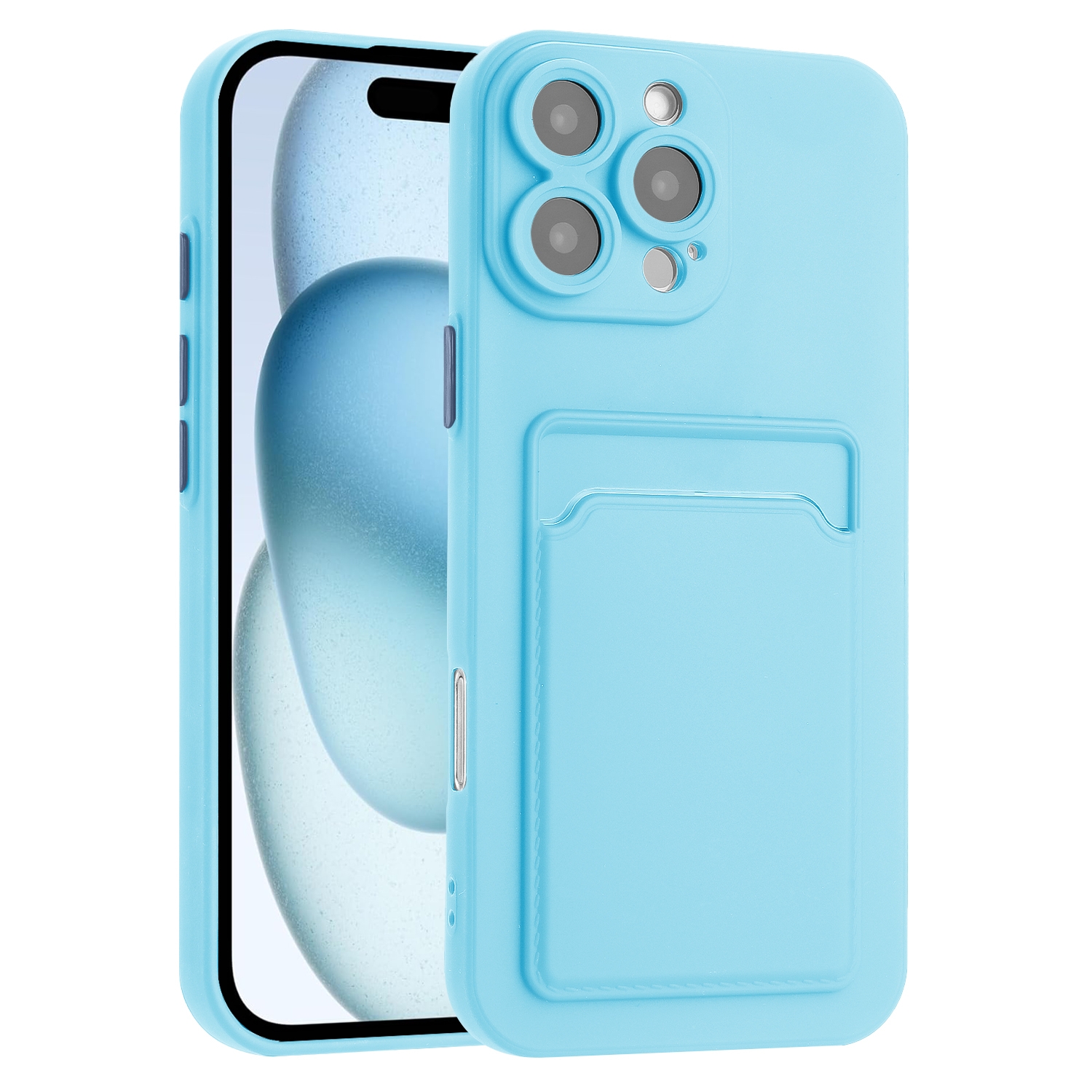 For iPhone 16 Pro Max Skin Feel Card Contrast Color Button TPU Phone Case(Sky Blue) - Shopkiz.com
