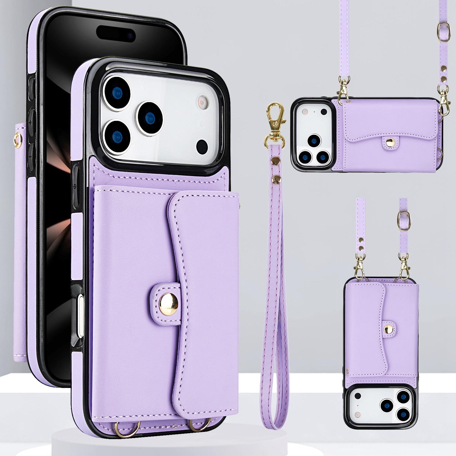 For iPhone 17 Pro Max RFID Card Slot Phone Case with Long Lanyard(Purple) - Shopkiz.com