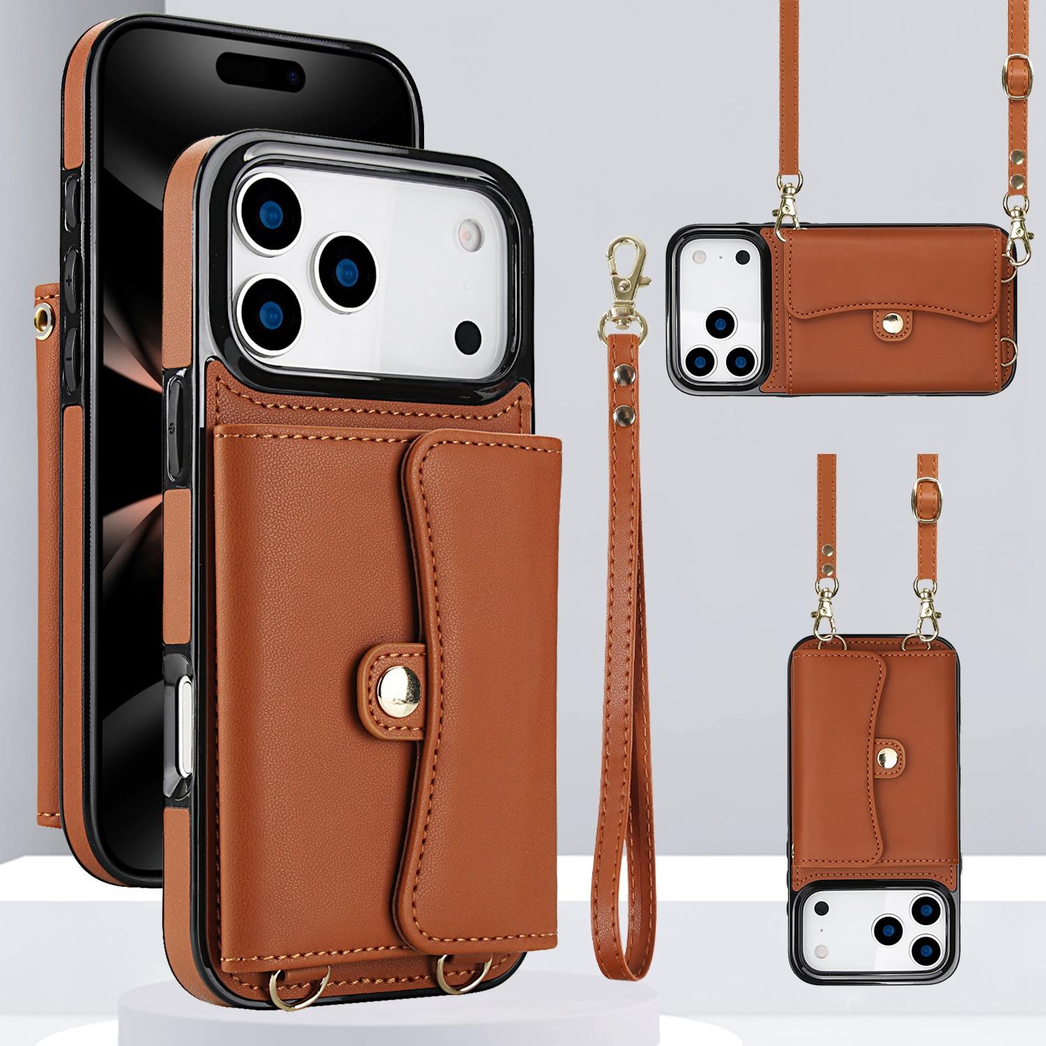 For iPhone 17 Pro Max RFID Card Slot Phone Case with Long Lanyard(Brown) - Shopkiz.com