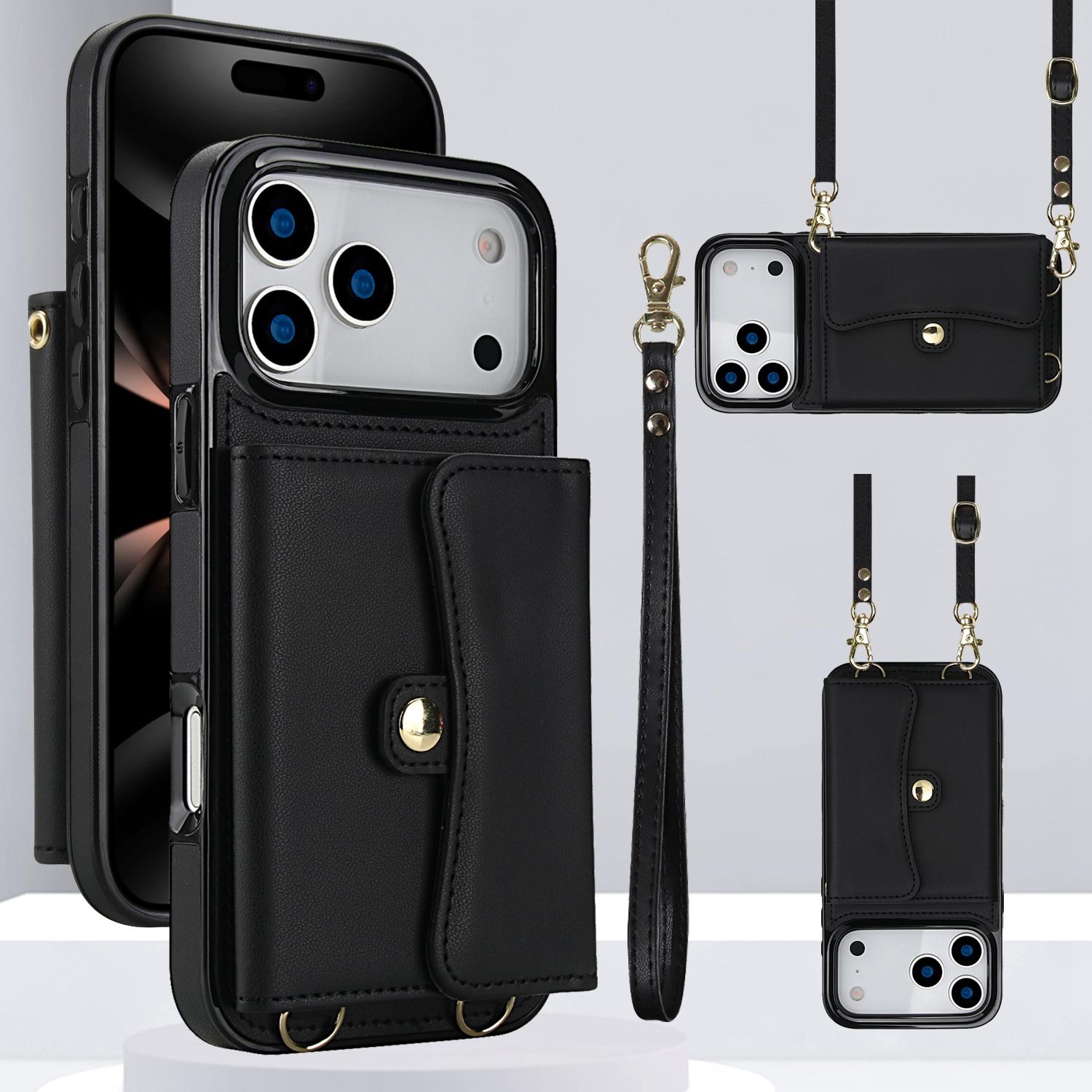 For iPhone 17 Pro RFID Card Slot Phone Case with Long Lanyard(Black) - Shopkiz.com