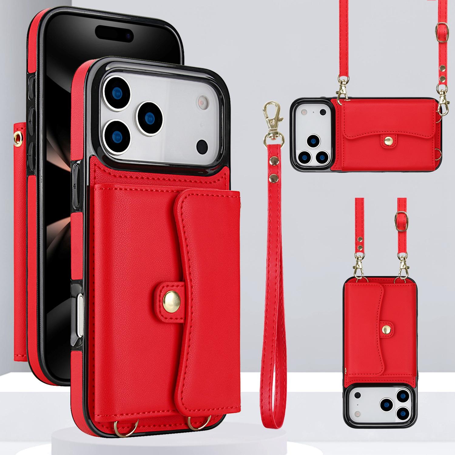 For iPhone 17 Pro RFID Card Slot Phone Case with Long Lanyard(Red) - Shopkiz.com