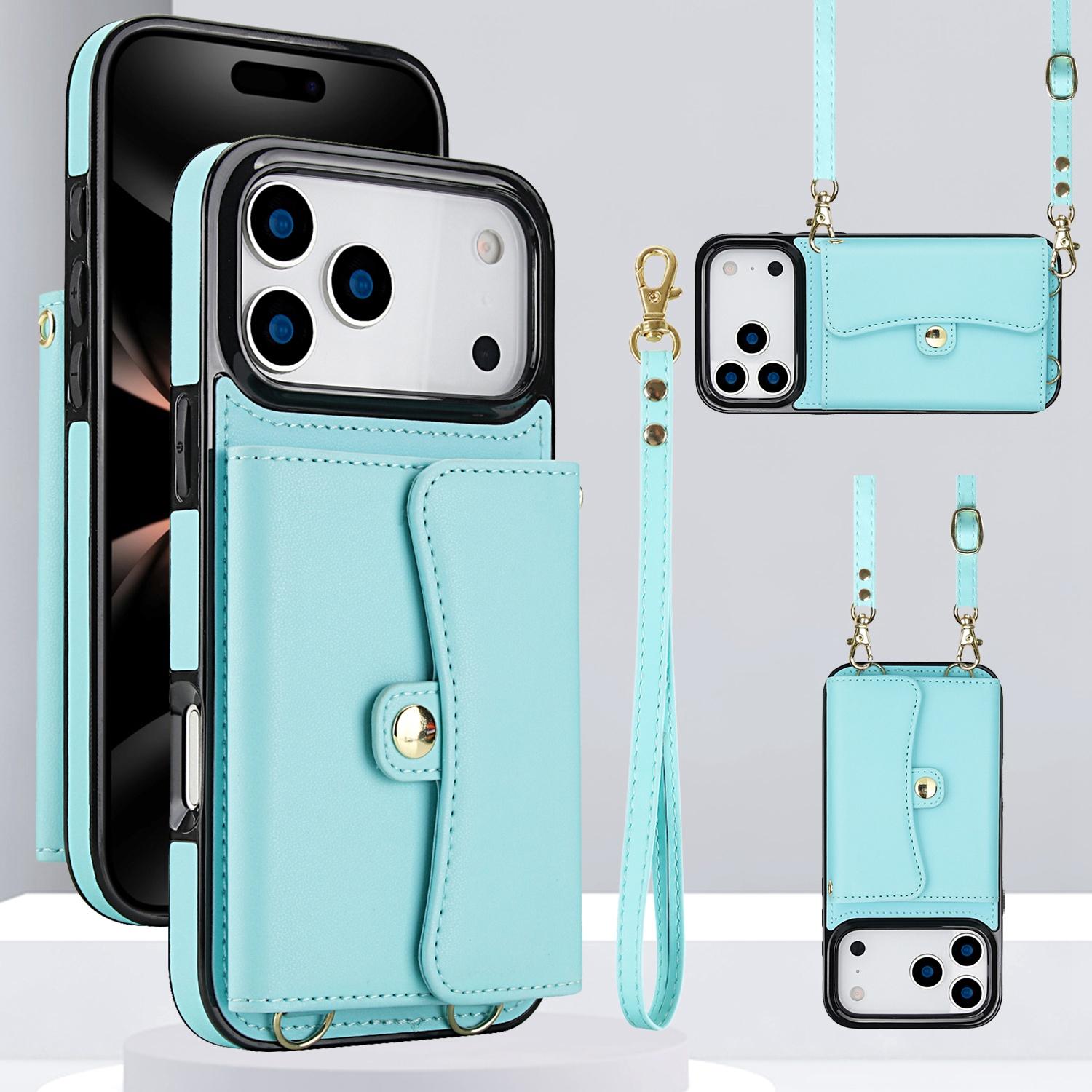For iPhone 17 Pro RFID Card Slot Phone Case with Long Lanyard(Mint Green) - Shopkiz.com