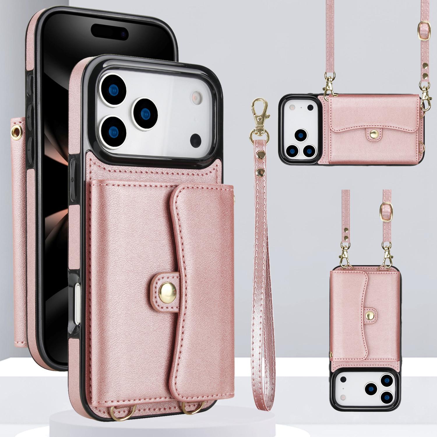 For iPhone 17 Pro RFID Card Slot Phone Case with Long Lanyard(Rose Gold) - Shopkiz.com