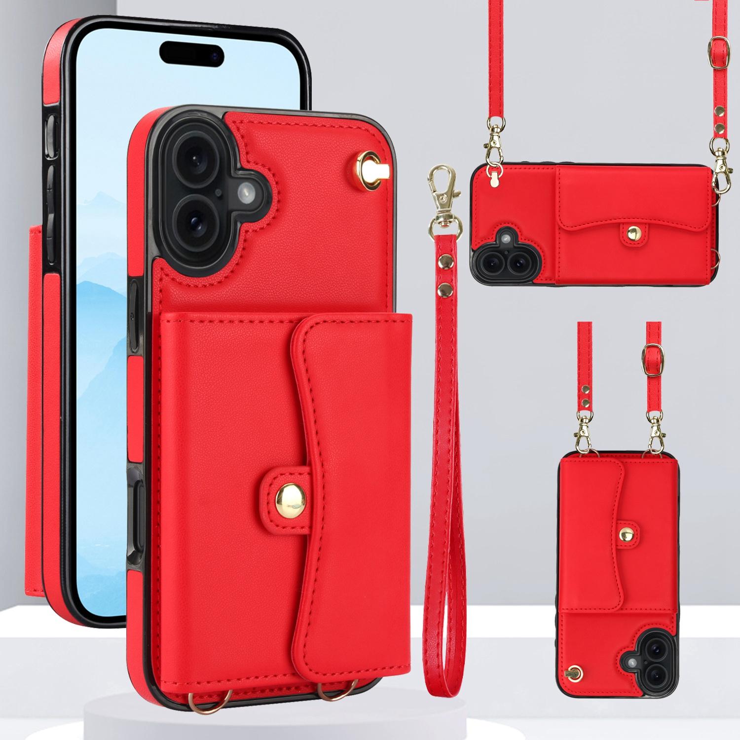 For iPhone 17 RFID Card Slot Phone Case with Long Lanyard(Red) - Shopkiz.com