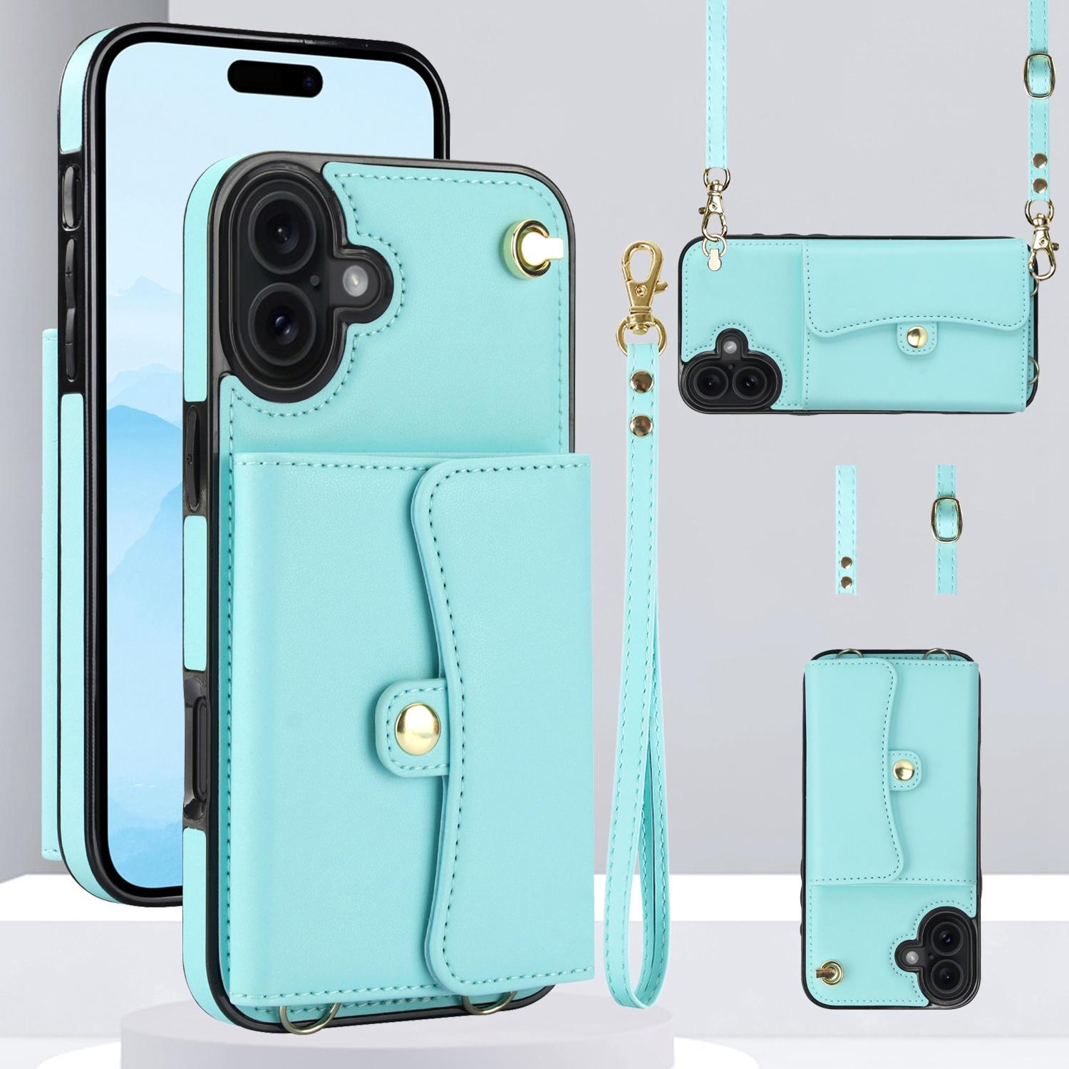 For iPhone 17 RFID Card Slot Phone Case with Long Lanyard(Mint Green) - Shopkiz.com