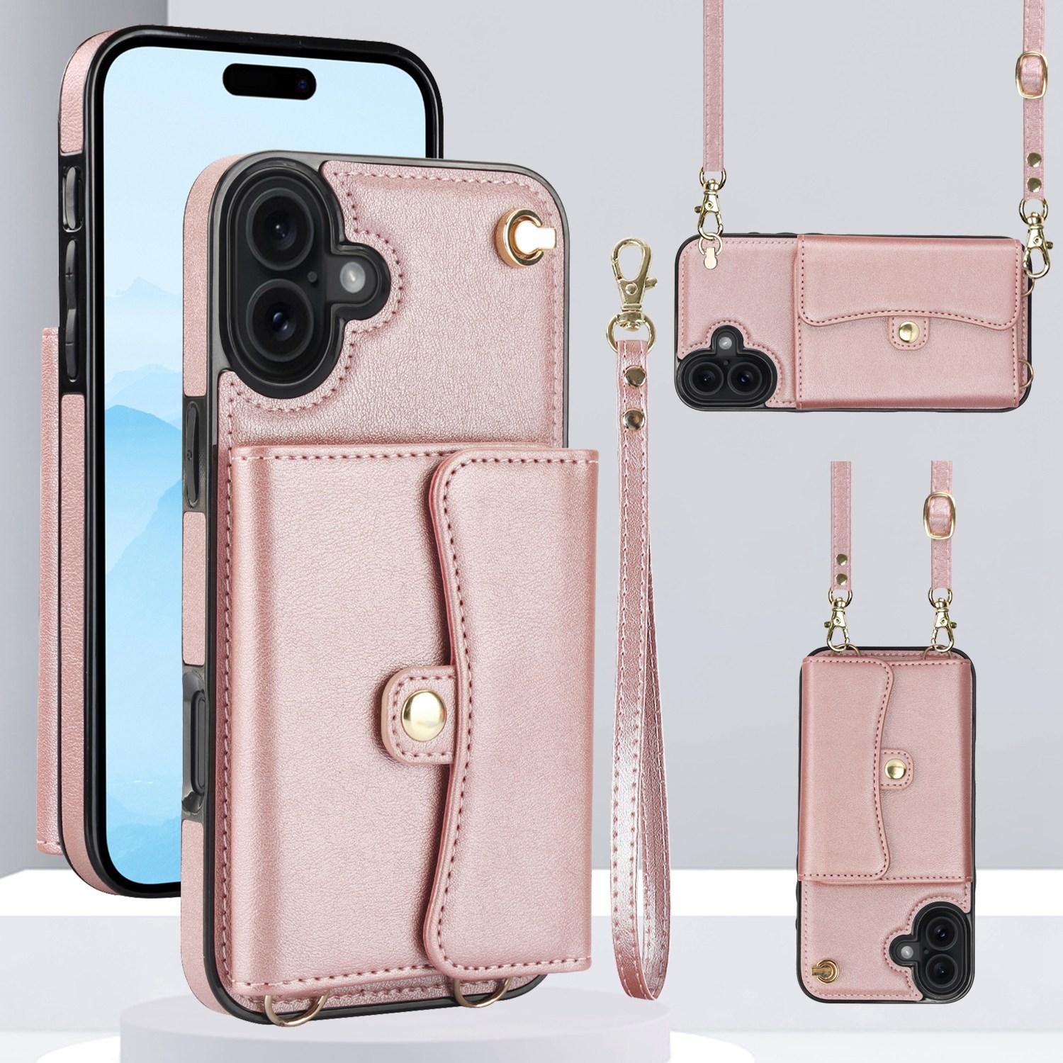 For iPhone 17 RFID Card Slot Phone Case with Long Lanyard(Rose Gold) - Shopkiz.com