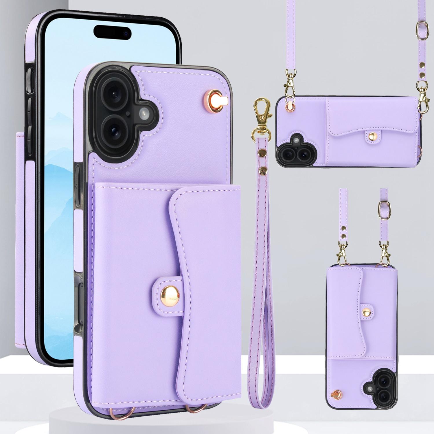 For iPhone 17 RFID Card Slot Phone Case with Long Lanyard(Purple) - Shopkiz.com