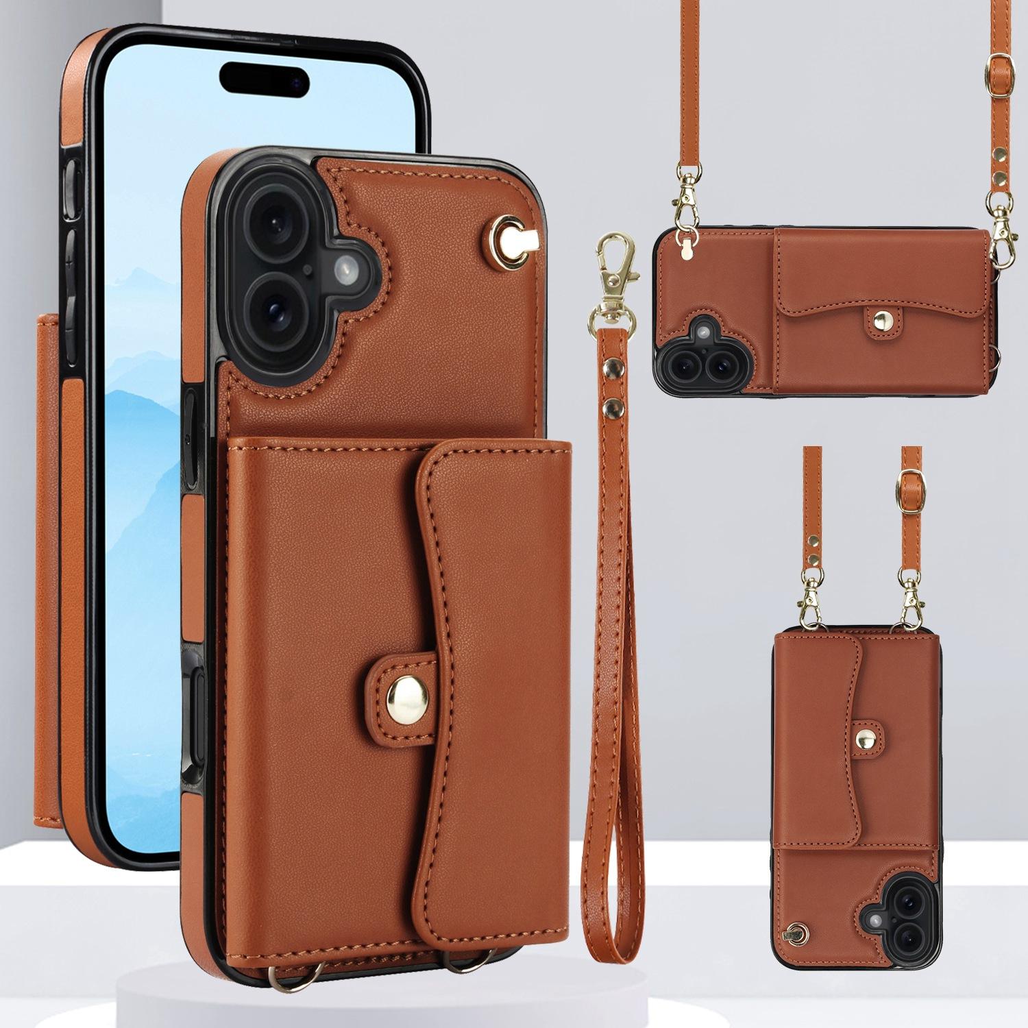 For iPhone 17 RFID Card Slot Phone Case with Long Lanyard(Brown) - Shopkiz.com