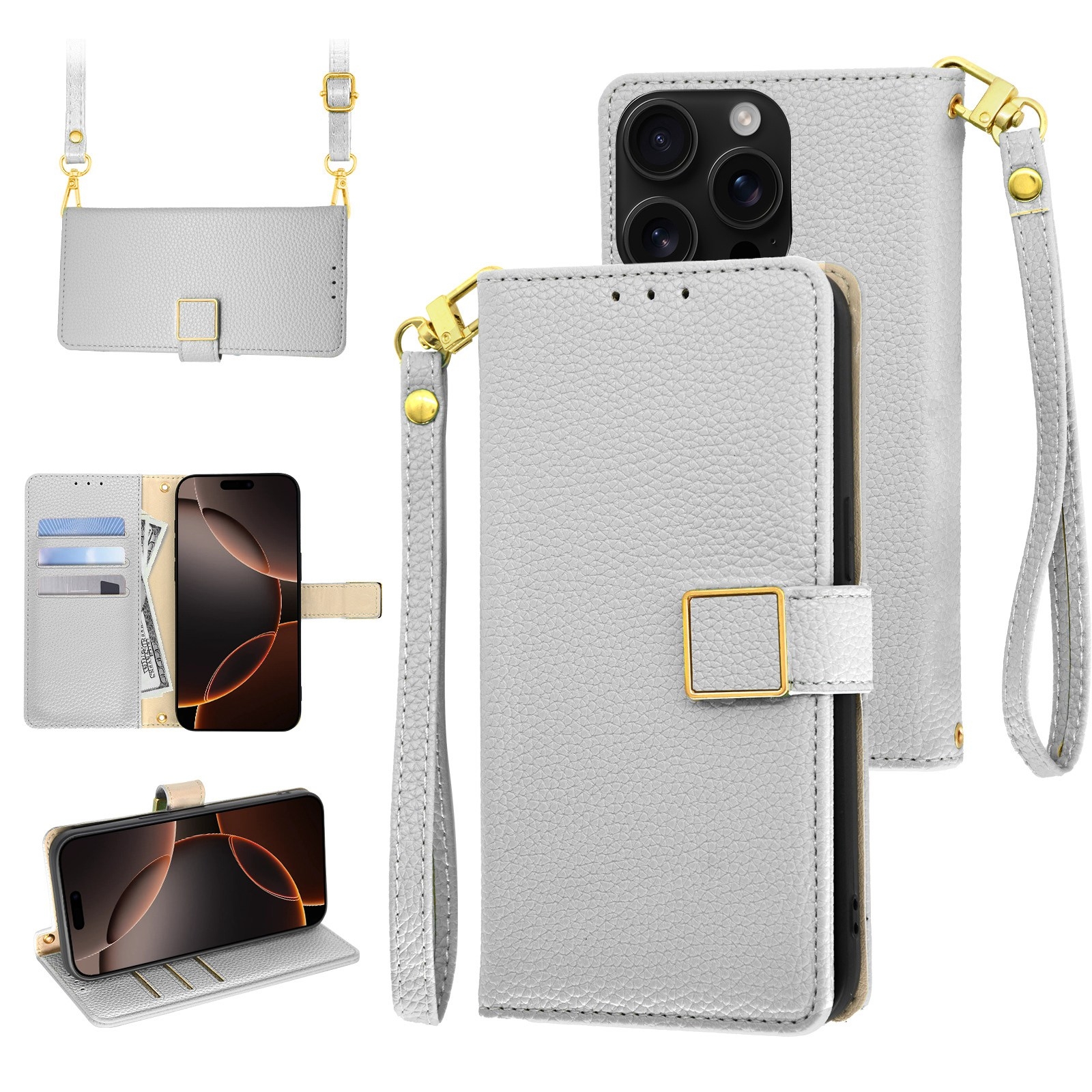 For iPhone 16 Pro Crossbody Litchi Texture Square Buckle Leather Phone Case(Silver) - Shopkiz.com