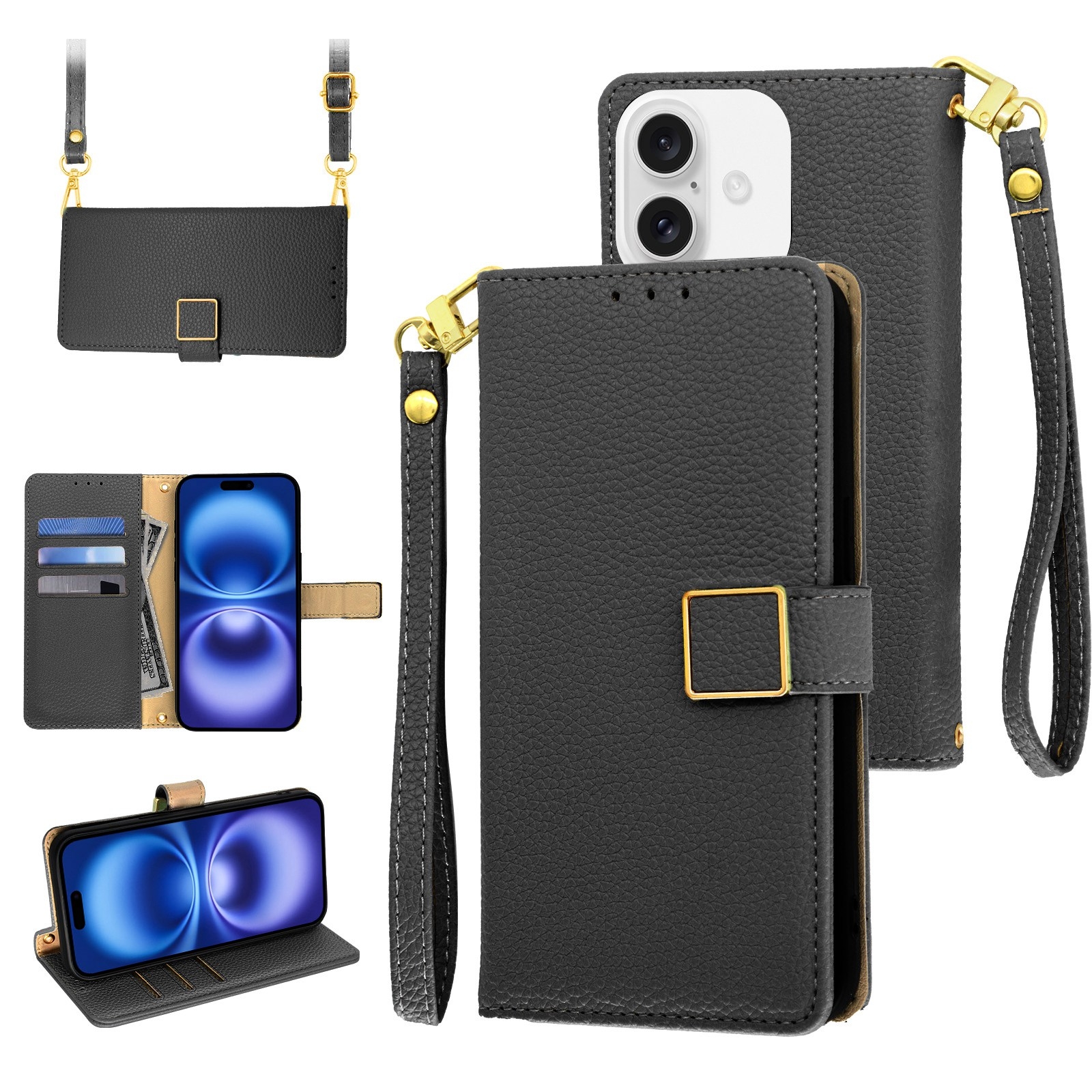 For iPhone 16 Plus Crossbody Litchi Texture Square Buckle Leather Phone Case(Black) - Shopkiz.com