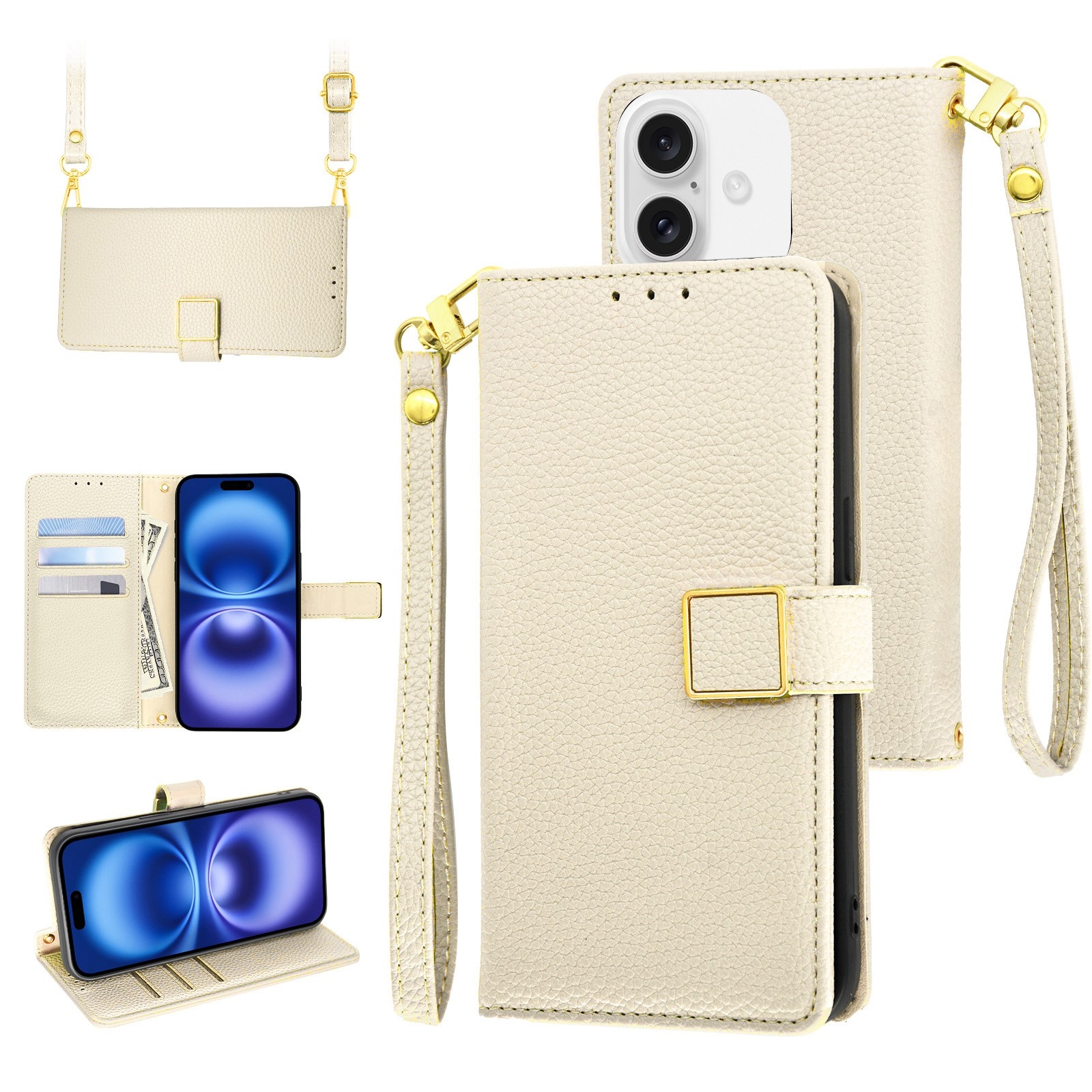 For iPhone 16 Crossbody Litchi Texture Square Buckle Leather Phone Case(White) - Shopkiz.com