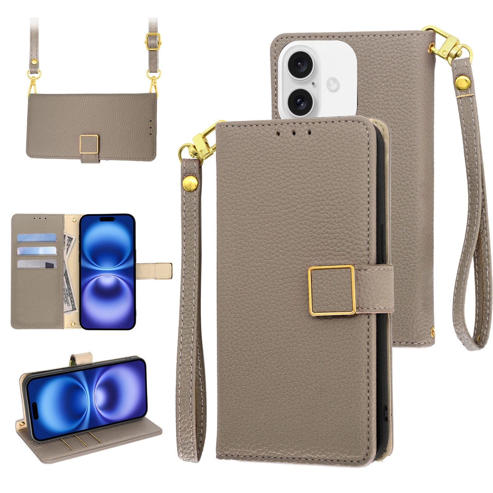 For iPhone 16 Crossbody Litchi Texture Square Buckle Leather Phone Case(Brown) - Shopkiz.com