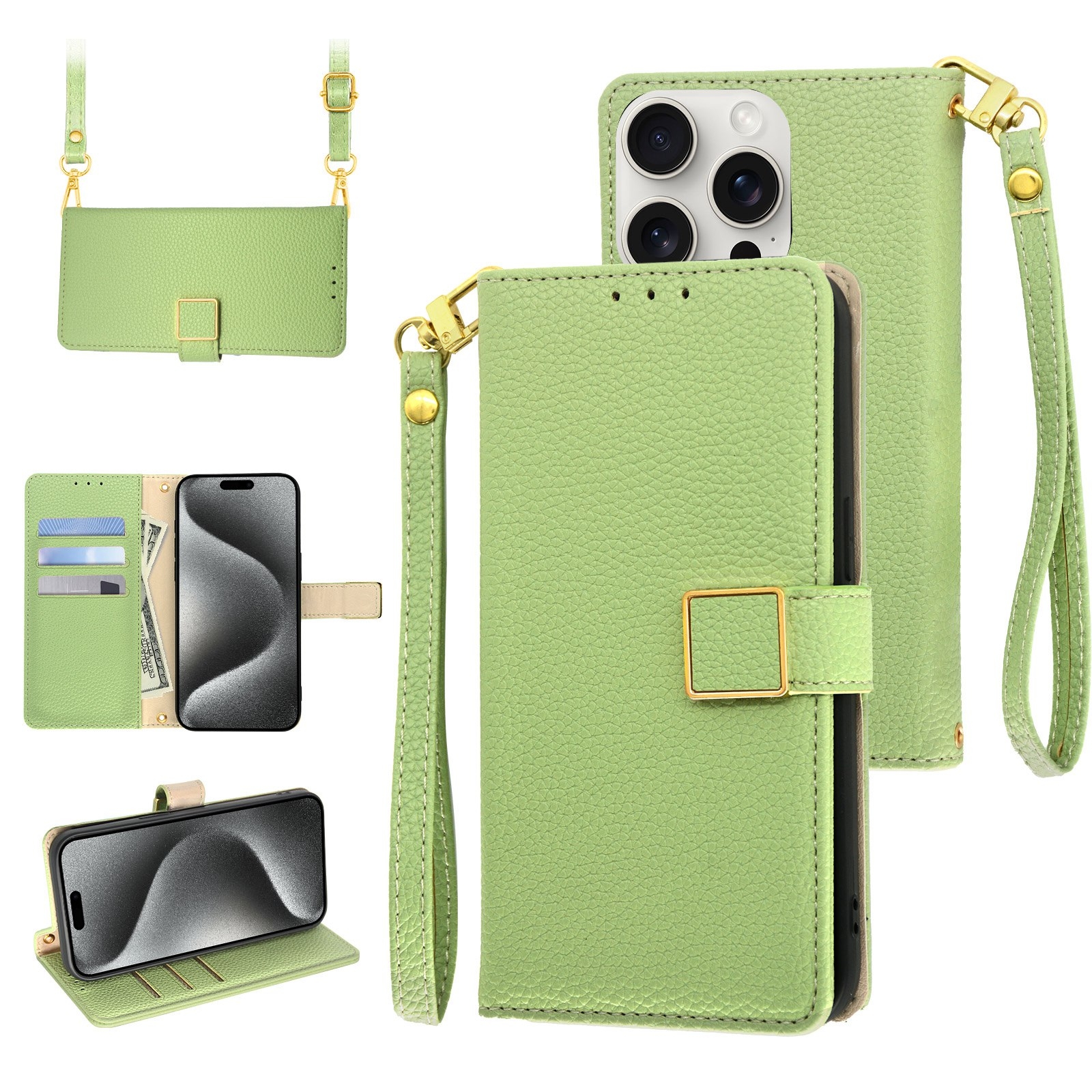 For iPhone 15 Pro Max Crossbody Litchi Texture Square Buckle Leather Phone Case(Green) - Shopkiz.com