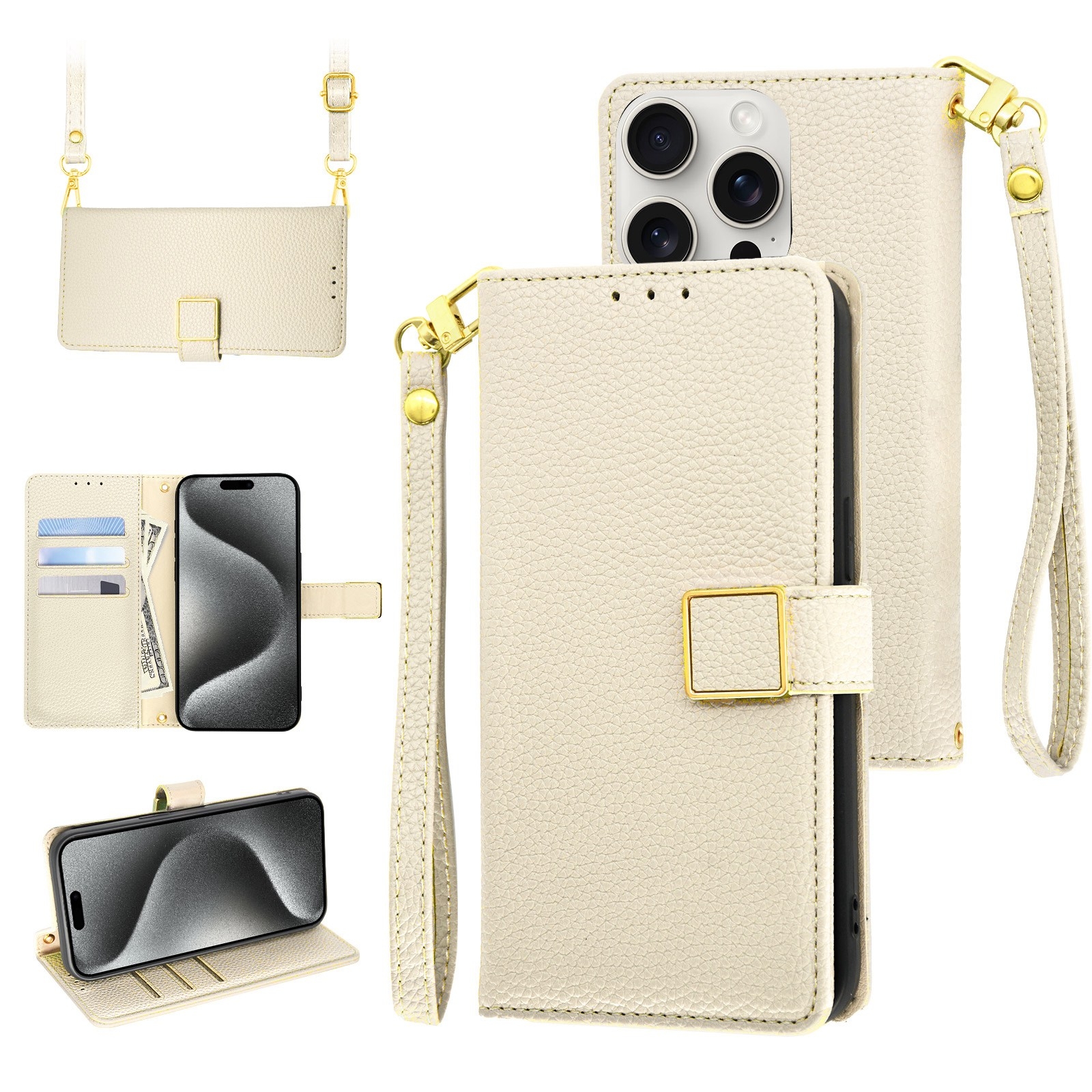 For iPhone 15 Pro Crossbody Litchi Texture Square Buckle Leather Phone Case(White) - Shopkiz.com