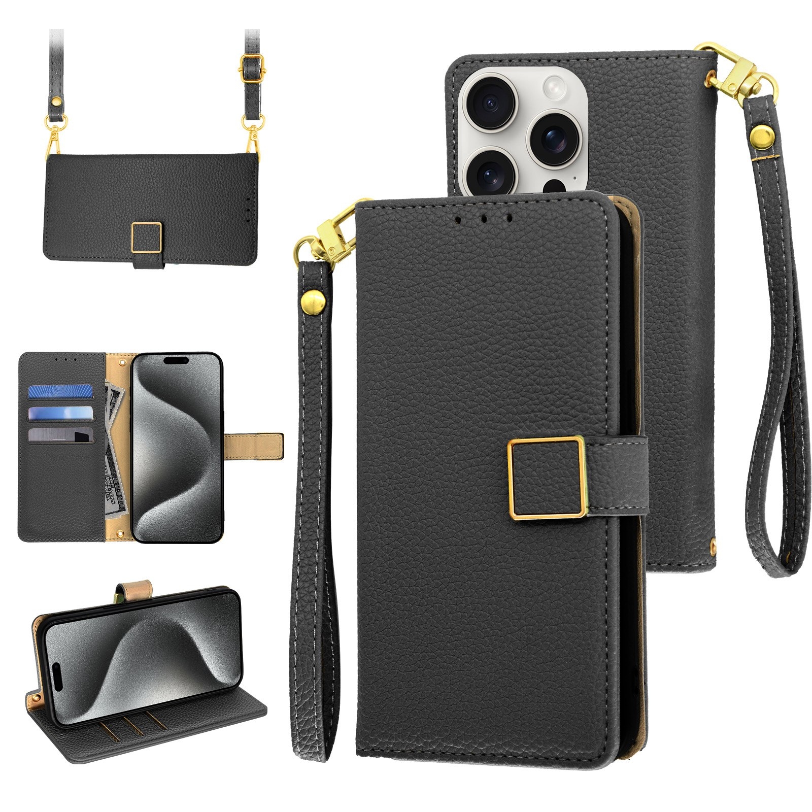 For iPhone 15 Pro Crossbody Litchi Texture Square Buckle Leather Phone Case(Black) - Shopkiz.com