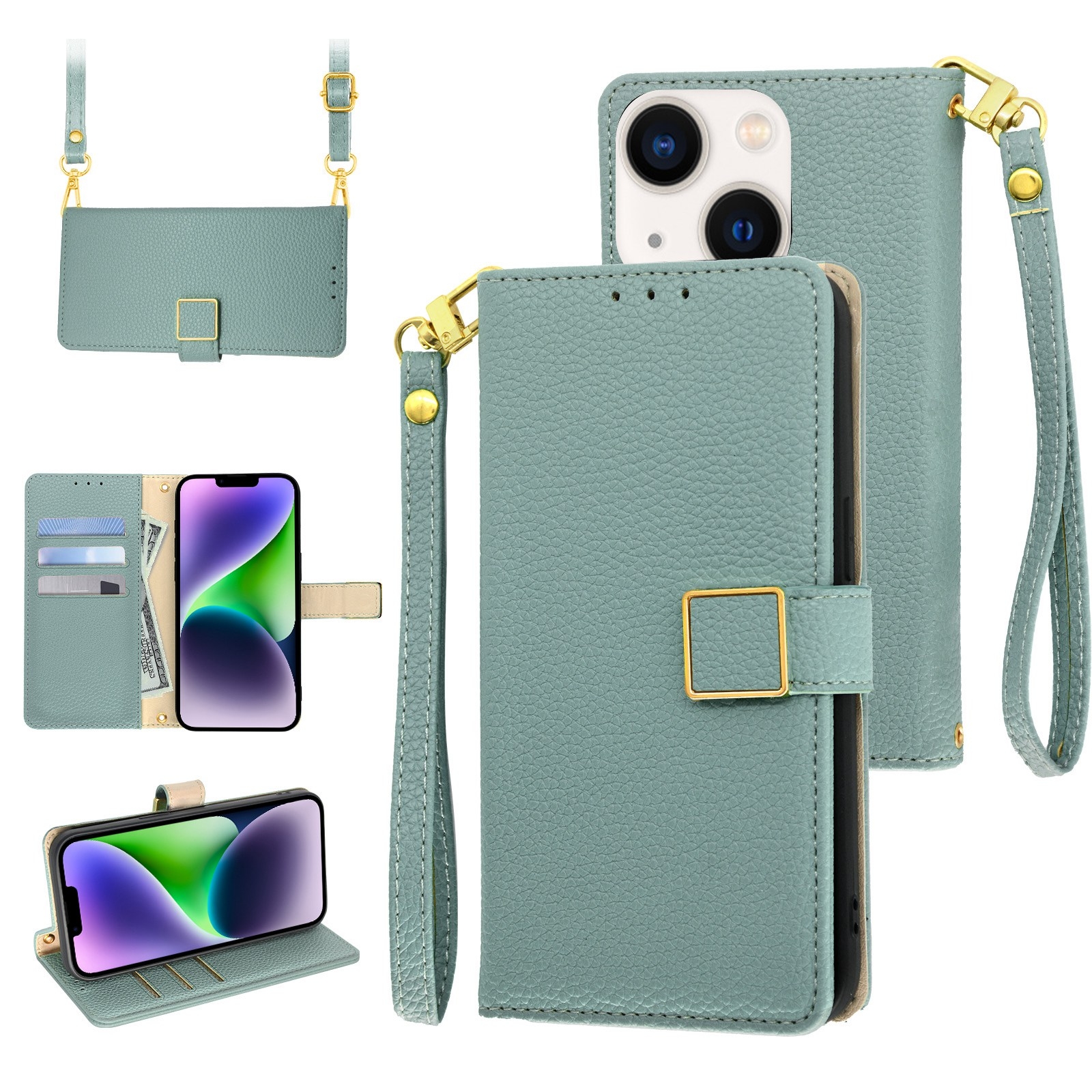 For iPhone 14 Plus Crossbody Litchi Texture Square Buckle Leather Phone Case(Blue) - Shopkiz.com