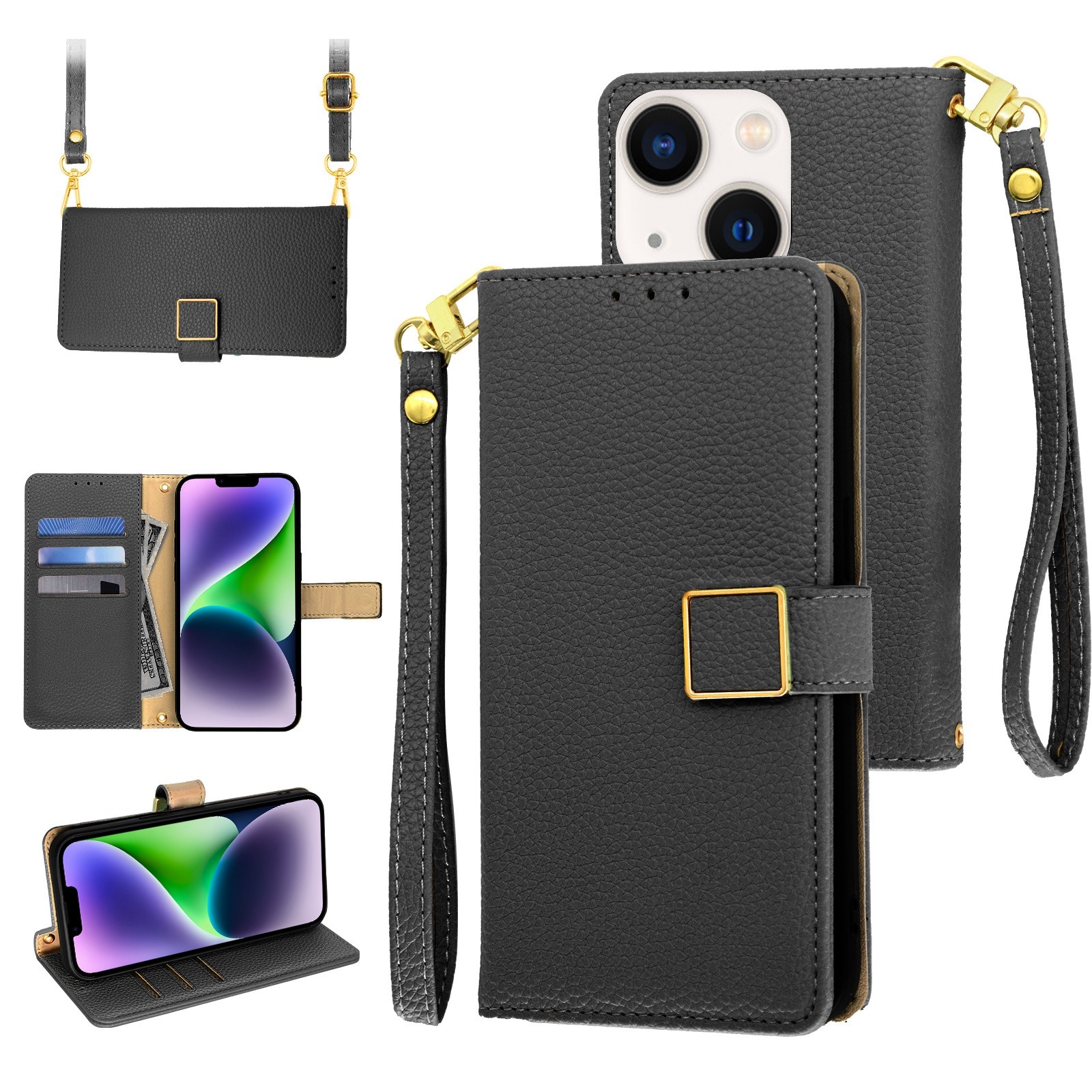 For iPhone 14 Plus Crossbody Litchi Texture Square Buckle Leather Phone Case(Black) - Shopkiz.com