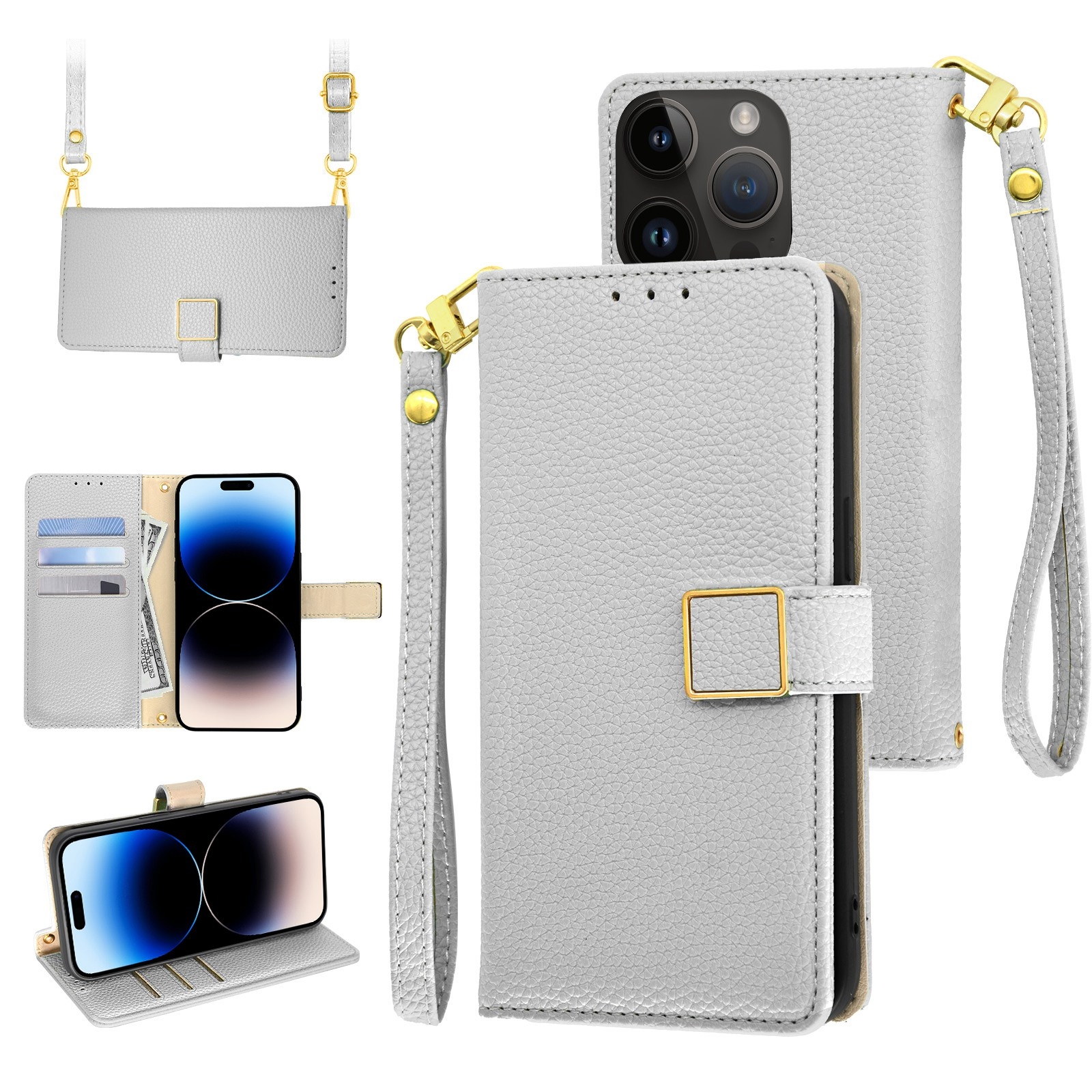 For iPhone 14 Pro Max Crossbody Litchi Texture Square Buckle Leather Phone Case(Silver) - Shopkiz.com