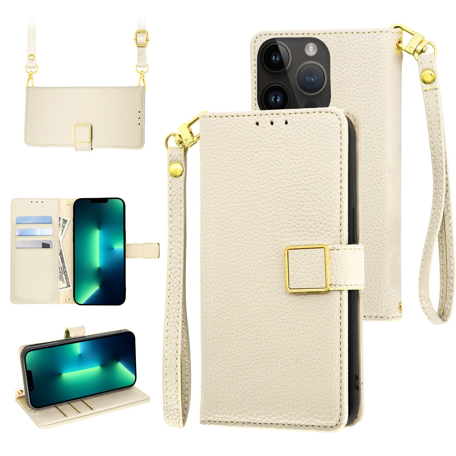 For iPhone 13 Pro Max Crossbody Litchi Texture Square Buckle Leather Phone Case(White) - Shopkiz.com