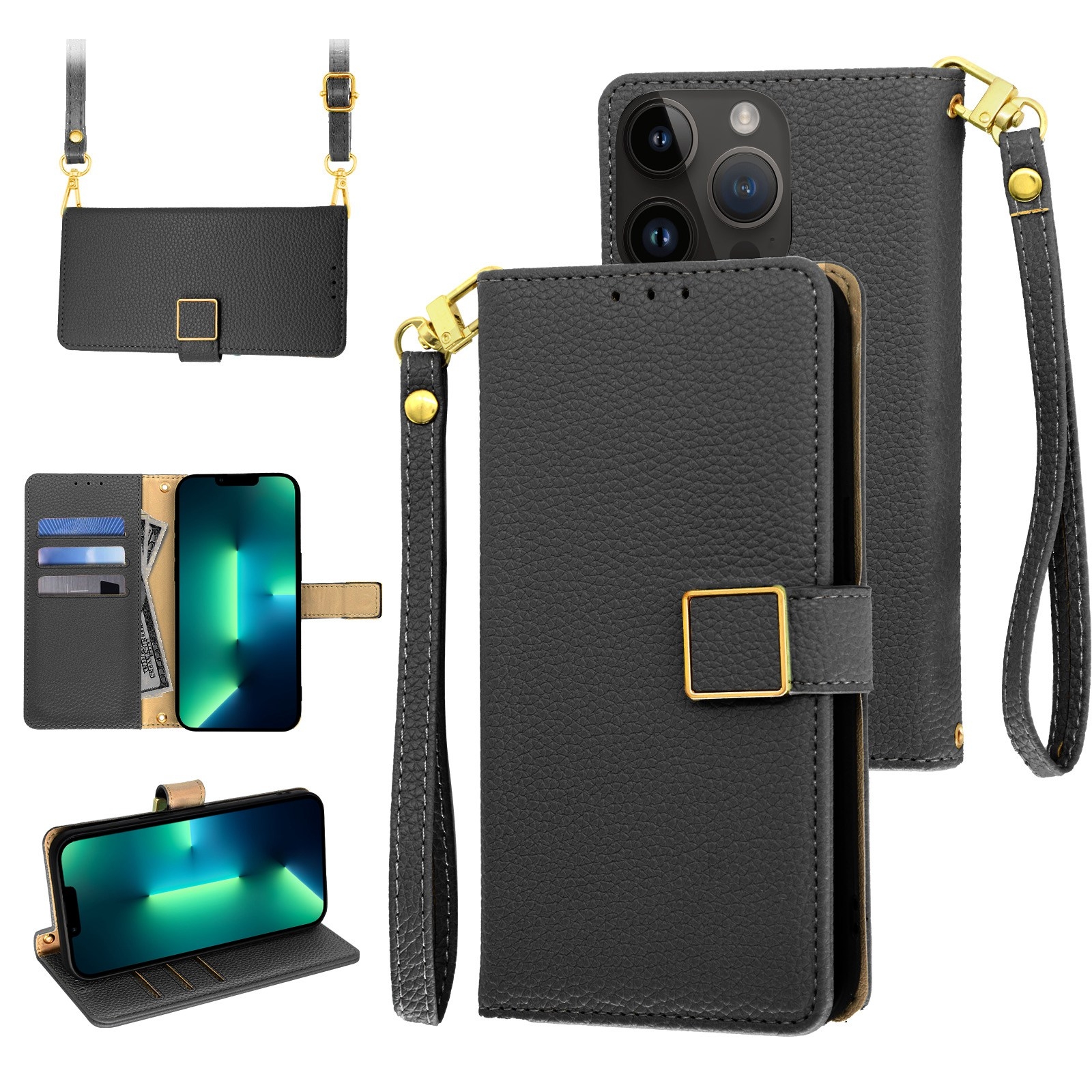 For iPhone 13 Pro Max Crossbody Litchi Texture Square Buckle Leather Phone Case(Black) - Shopkiz.com