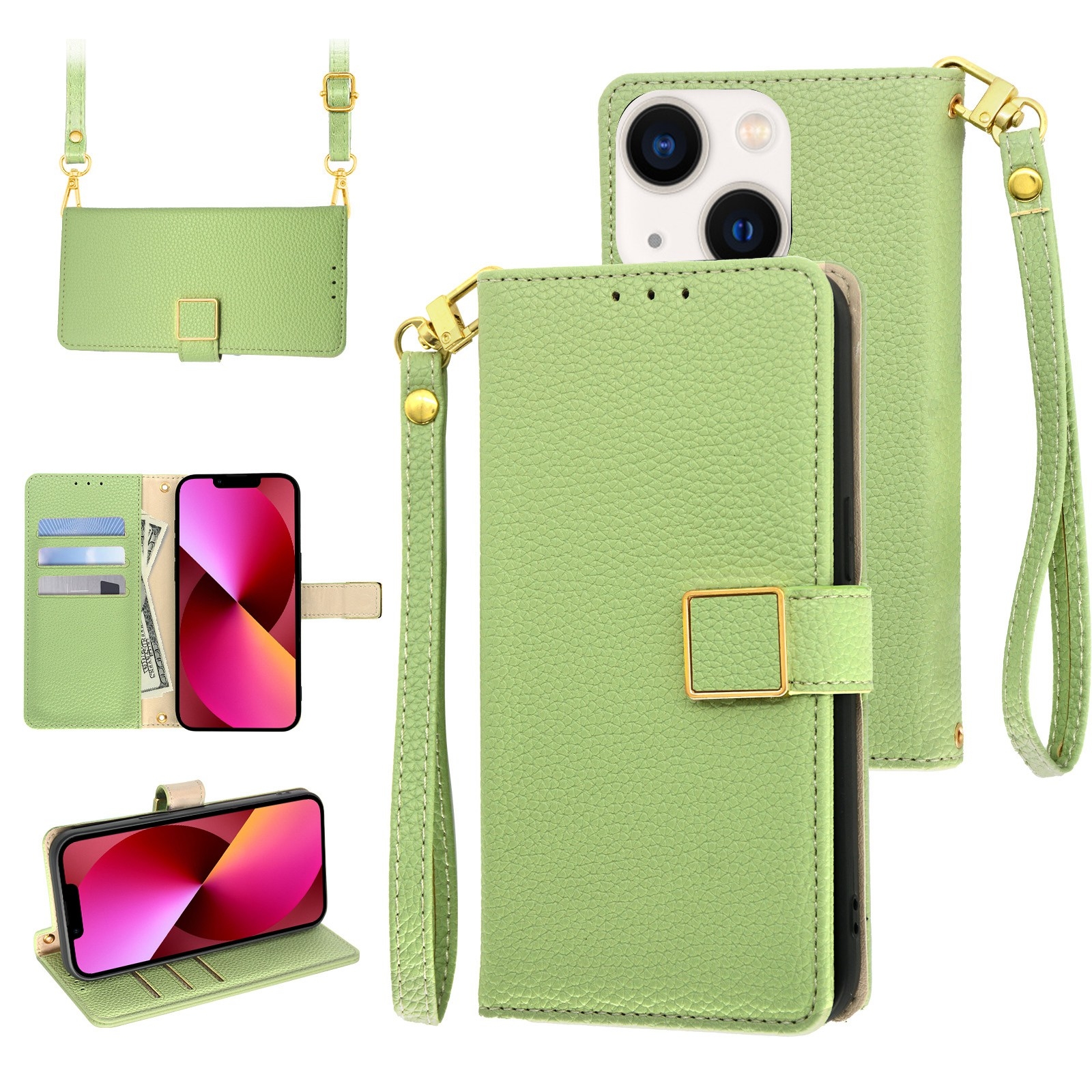 For iPhone 13 Crossbody Litchi Texture Square Buckle Leather Phone Case(Green) - Shopkiz.com