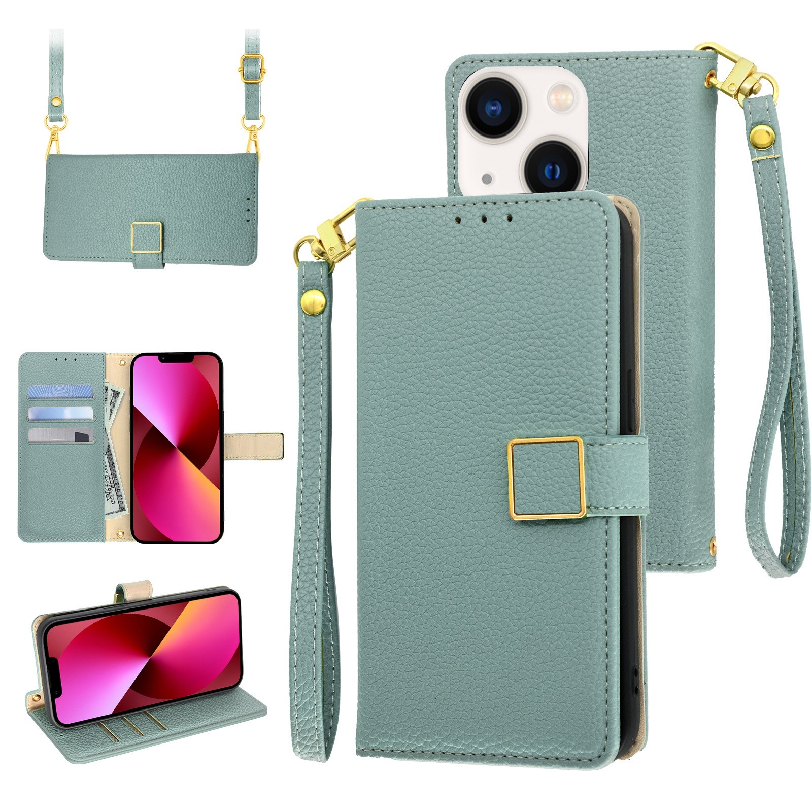 For iPhone 13 mini Crossbody Litchi Texture Square Buckle Leather Phone Case(Blue) - Shopkiz.com
