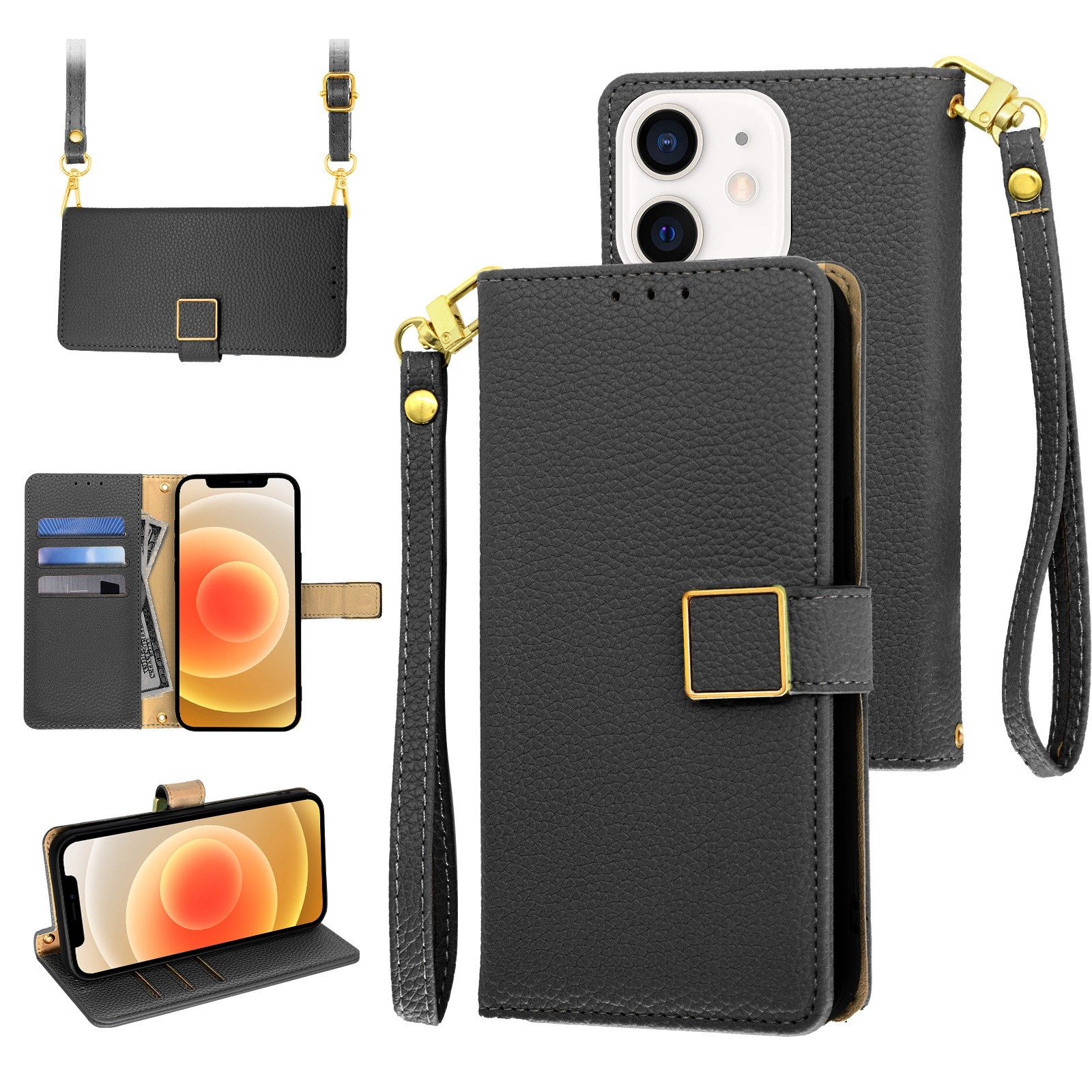 For iPhone 12 / 12 Pro Crossbody Litchi Texture Square Buckle Leather Phone Case(Black) - Shopkiz.com