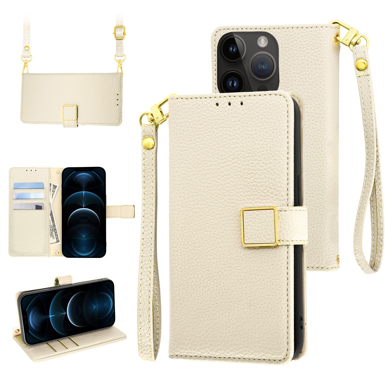 For iPhone 12 Pro Max Crossbody Litchi Texture Square Buckle Leather Phone Case(White) - Shopkiz.com