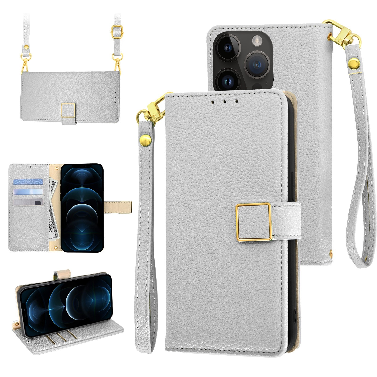 For iPhone 12 Pro Max Crossbody Litchi Texture Square Buckle Leather Phone Case(Silver) - Shopkiz.com