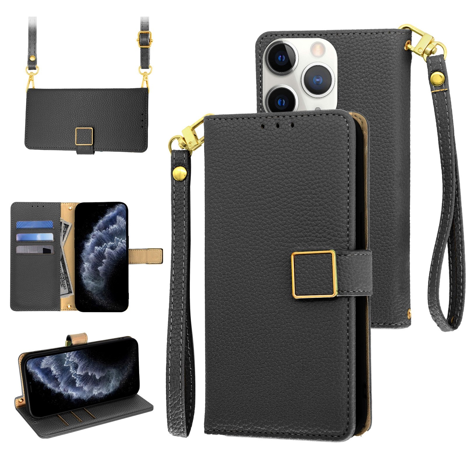 For iPhone 11 Pro Max Crossbody Litchi Texture Square Buckle Leather Phone Case(Black) - Shopkiz.com