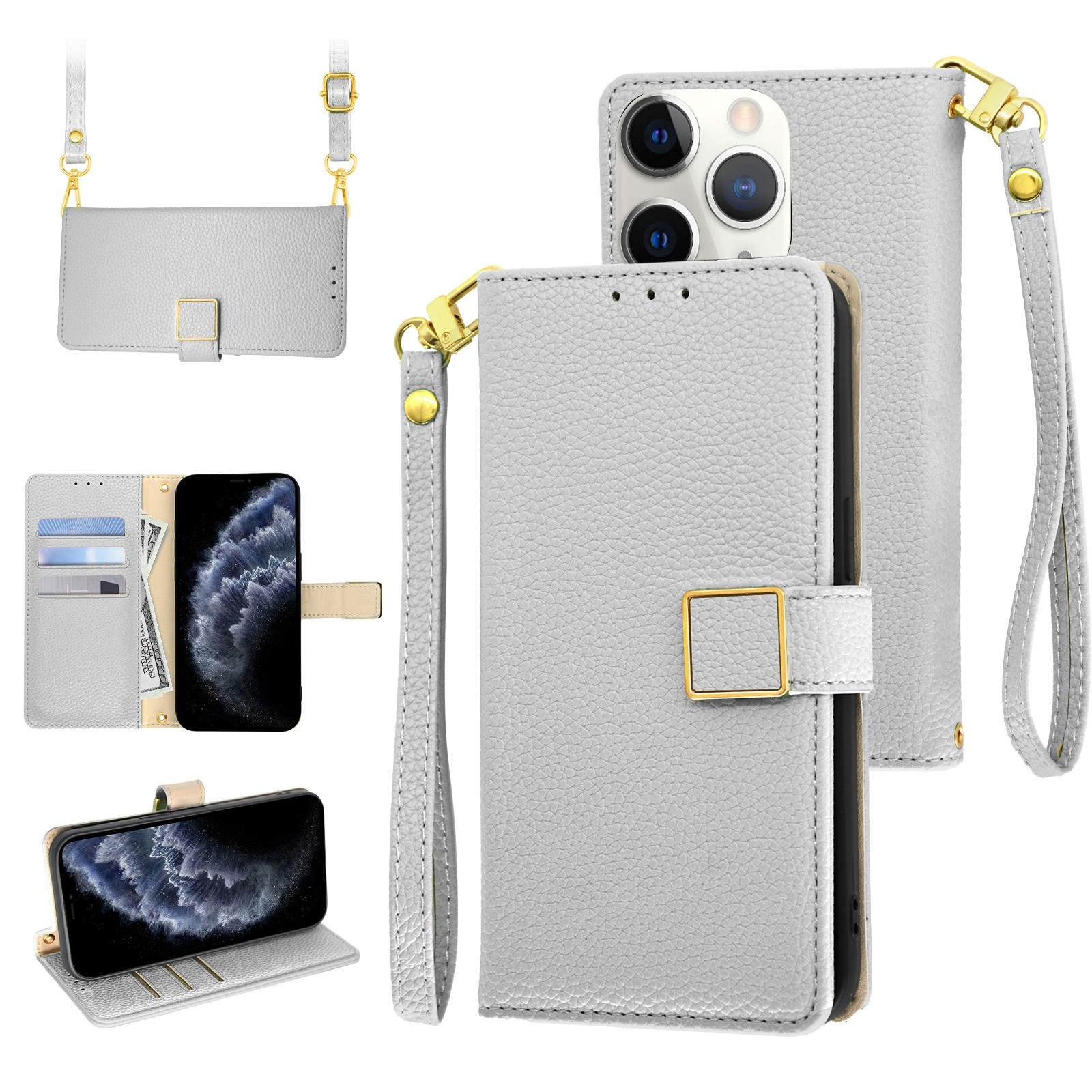 For iPhone 11 Pro Crossbody Litchi Texture Square Buckle Leather Phone Case(Silver) - Shopkiz.com