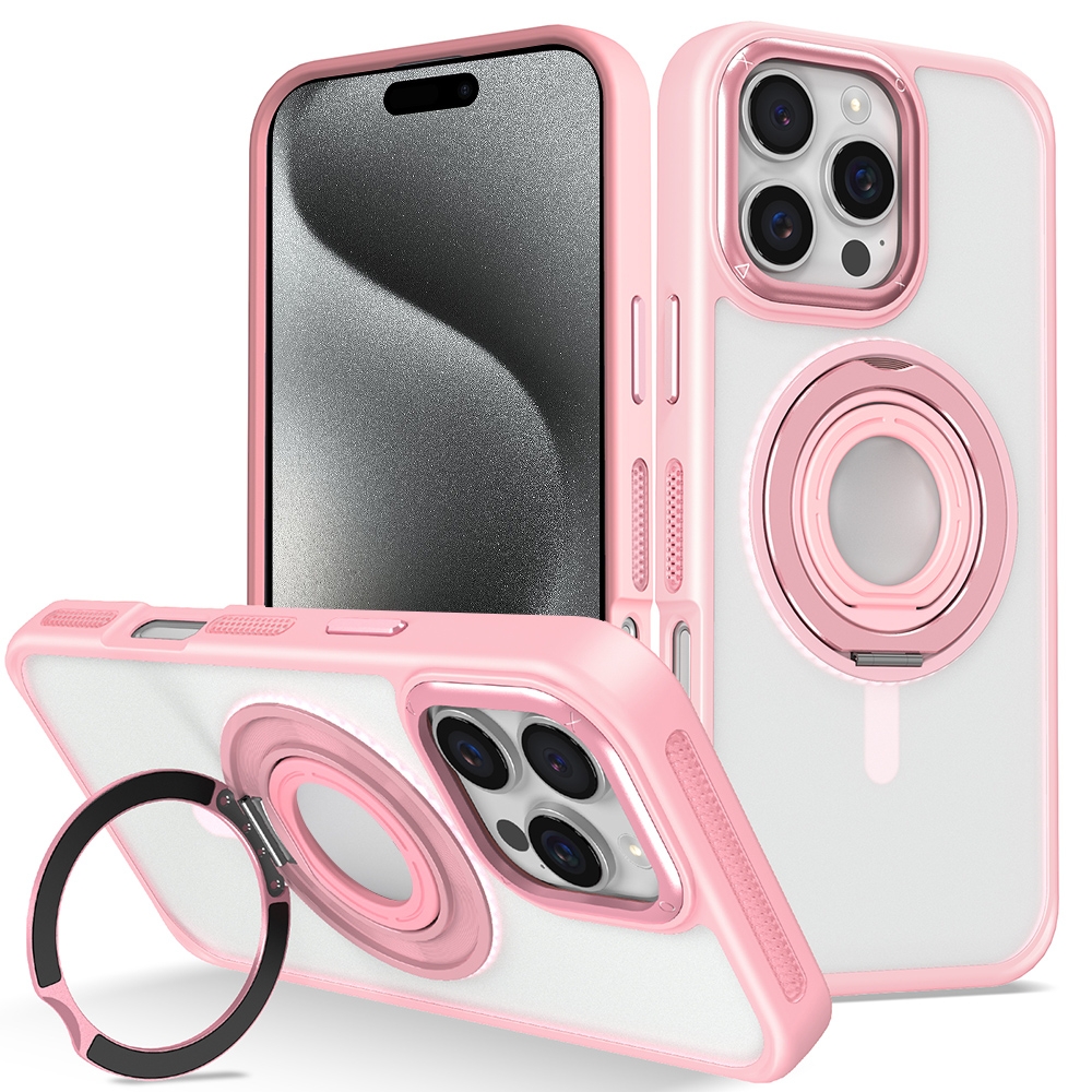 For iPhone 15 Pro Max Skin Feel Matte 360 Degree Rotating Silicone Ring Holder Phone Case(Pink) - Shopkiz.com