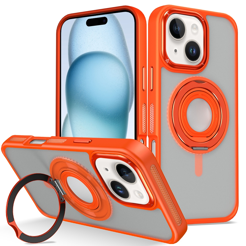 For iPhone 15 Skin Feel Matte 360 Degree Rotating Silicone Ring Holder Phone Case(Orange) - Shopkiz.com