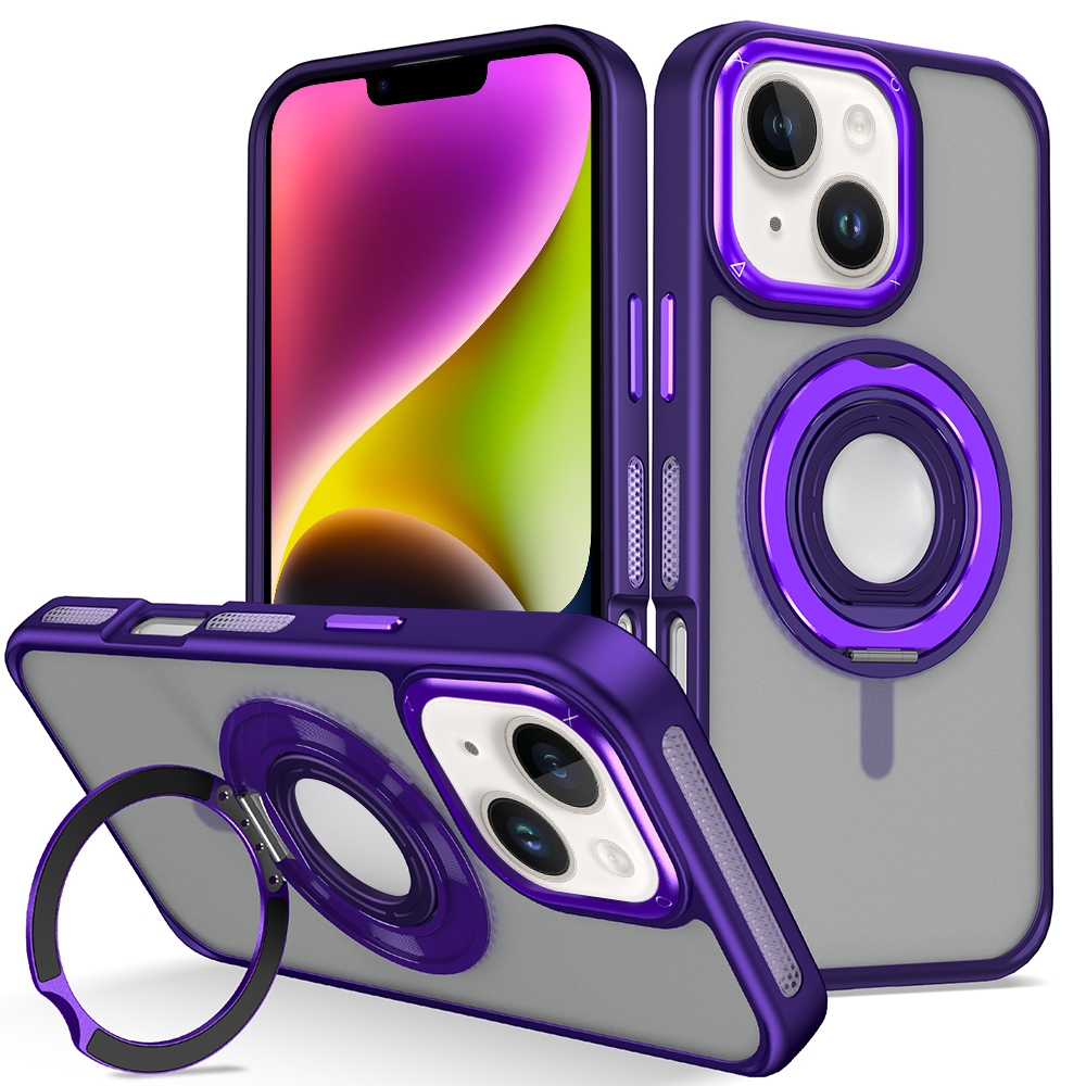 For iPhone 14 Skin Feel Matte 360 Degree Rotating Silicone Ring Holder Phone Case(Purple) - Shopkiz.com
