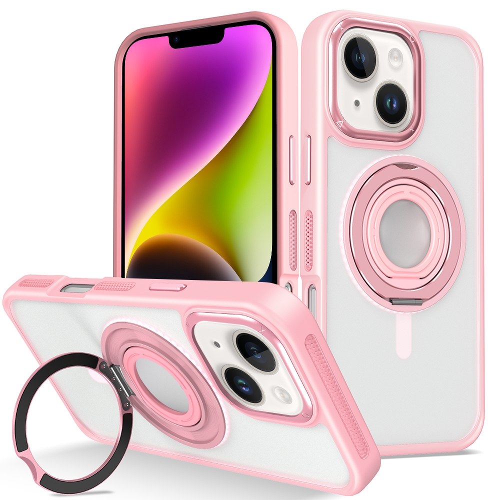 For iPhone 14 Skin Feel Matte 360 Degree Rotating Silicone Ring Holder Phone Case(Pink) - Shopkiz.com