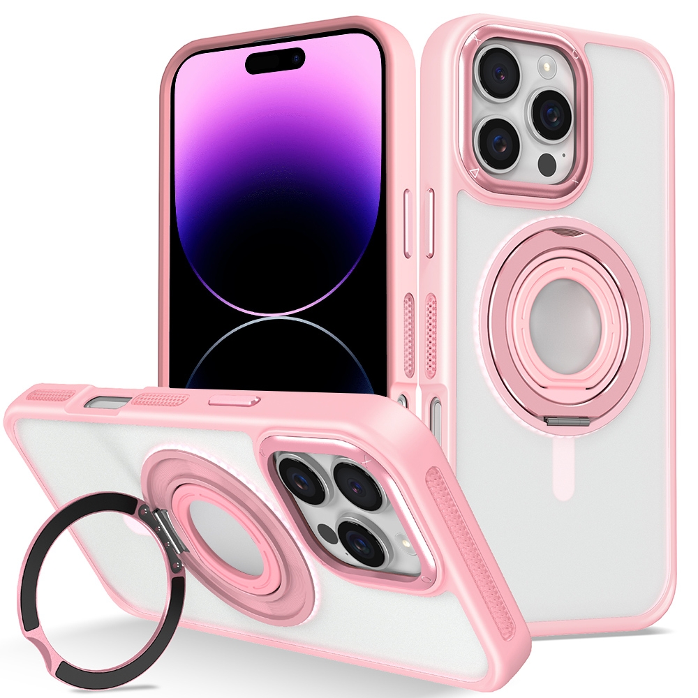 For iPhone 14 Pro Max Skin Feel Matte 360 Degree Rotating Silicone Ring Holder Phone Case(Pink) - Shopkiz.com