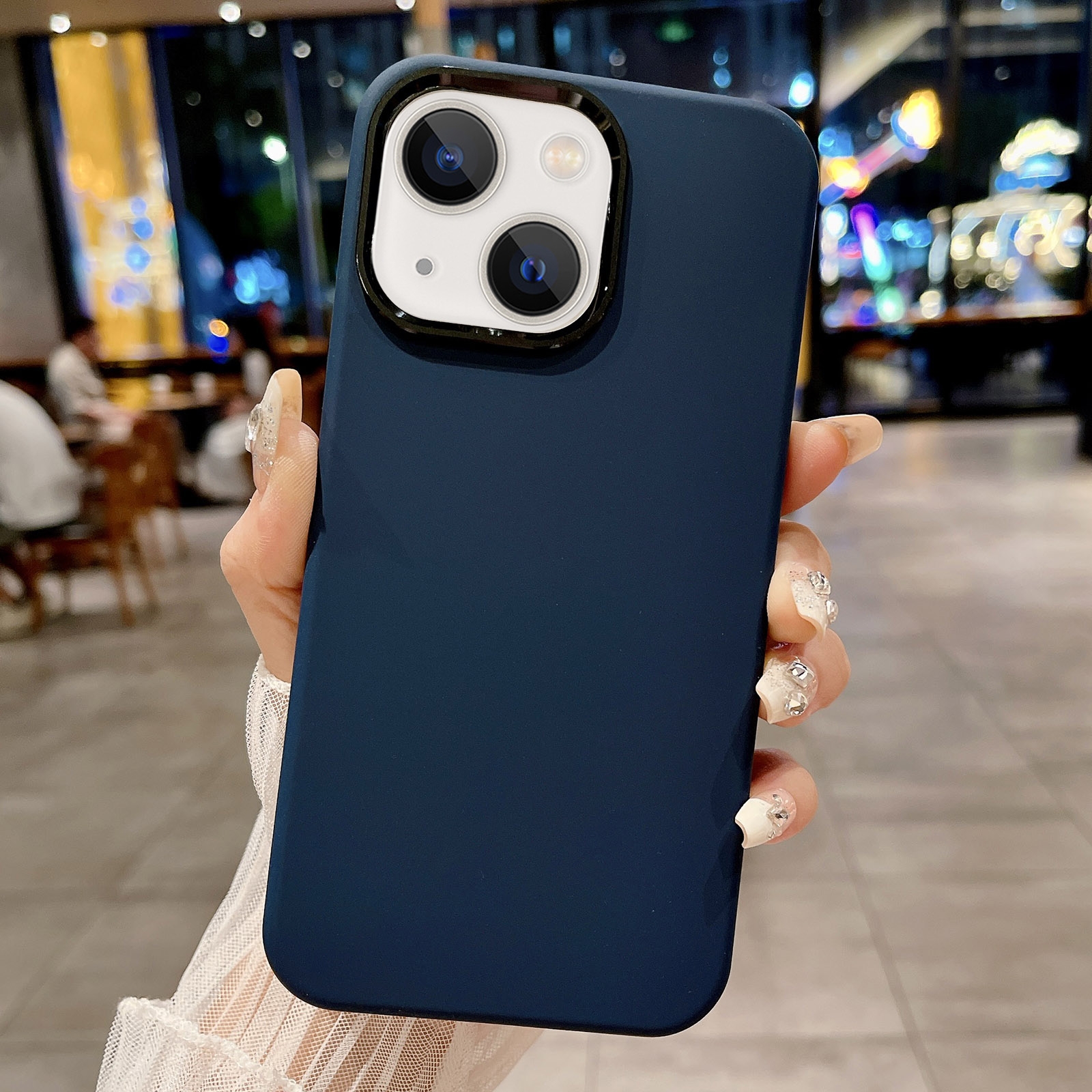 For iPhone 14 Metal Liquid Silicone Skin Feel Phone Case(Dark Blue) - Shopkiz.com