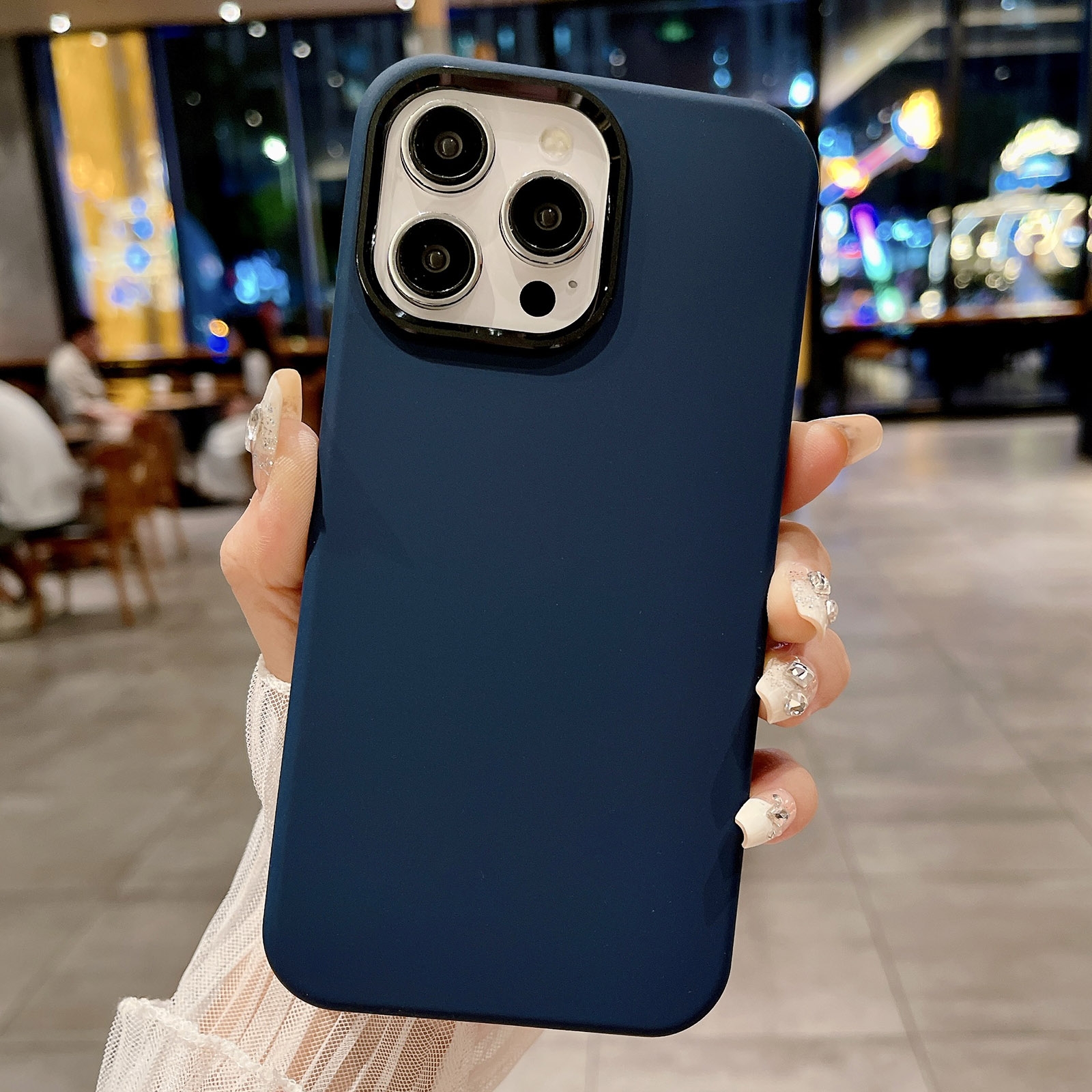 For iPhone 14 Pro Max Metal Liquid Silicone Skin Feel Phone Case(Dark Blue) - Shopkiz.com