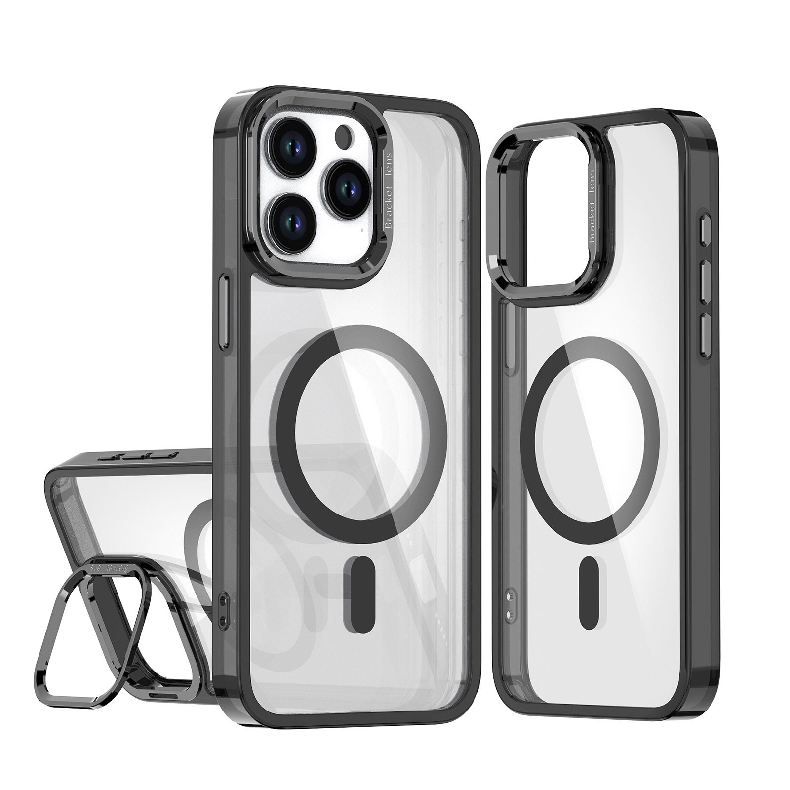 For iPhone 15 Pro Acrylic Camera Holder MagSafe Magnetic Phone Case(Black) - Shopkiz.com