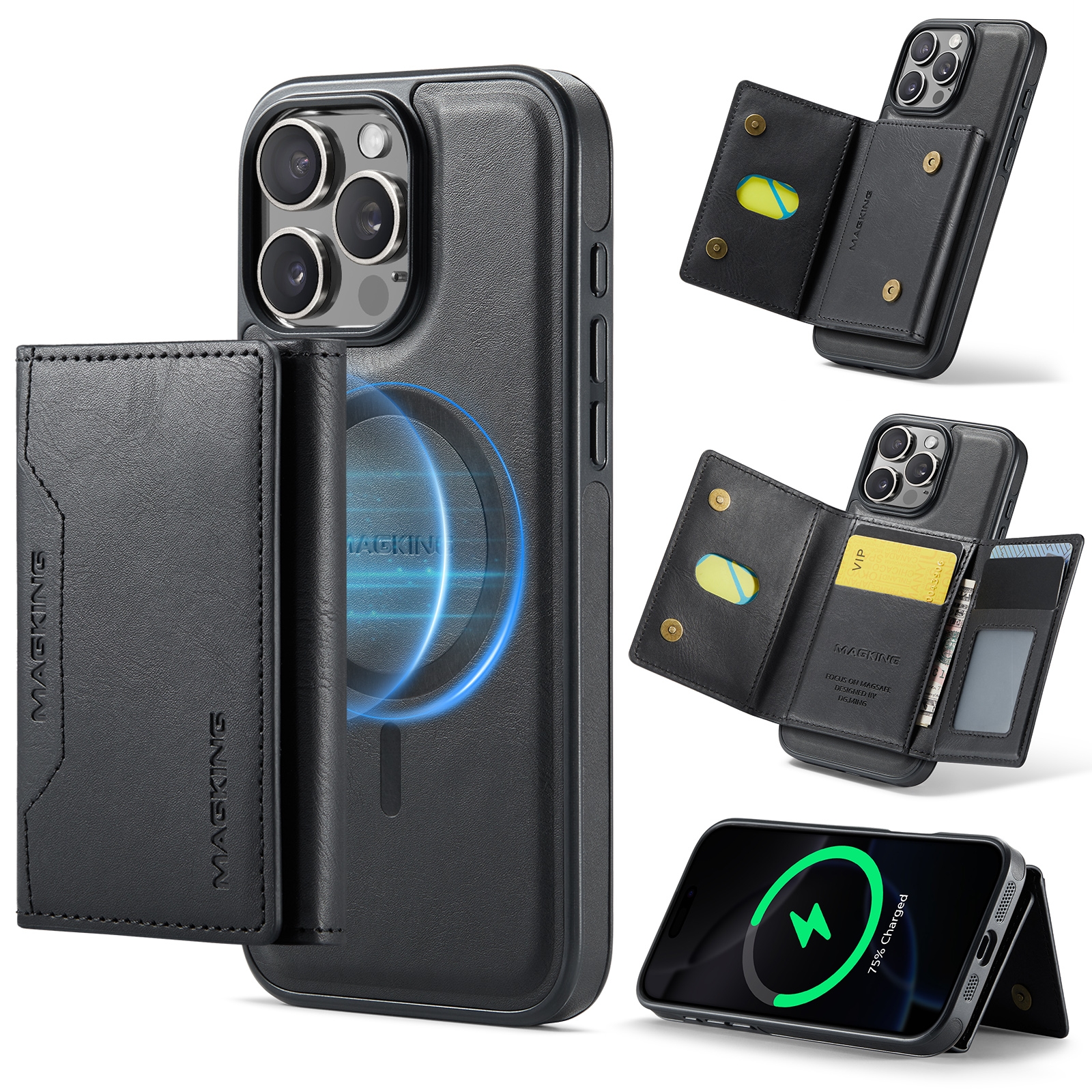 For iPhone 16 Pro Max MAGKING K2 Series MagSafe RFID Card Bag Detachable Phone Case(Black) - Shopkiz.com