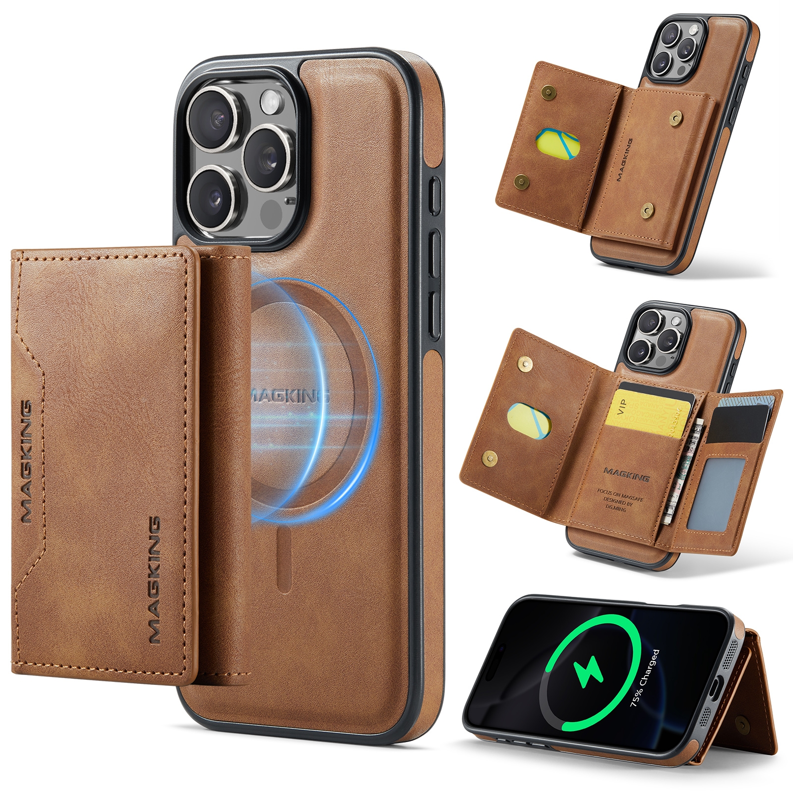 For iPhone 16 Pro Max MAGKING K2 Series MagSafe RFID Card Bag Detachable Phone Case(Brown) - Shopkiz.com