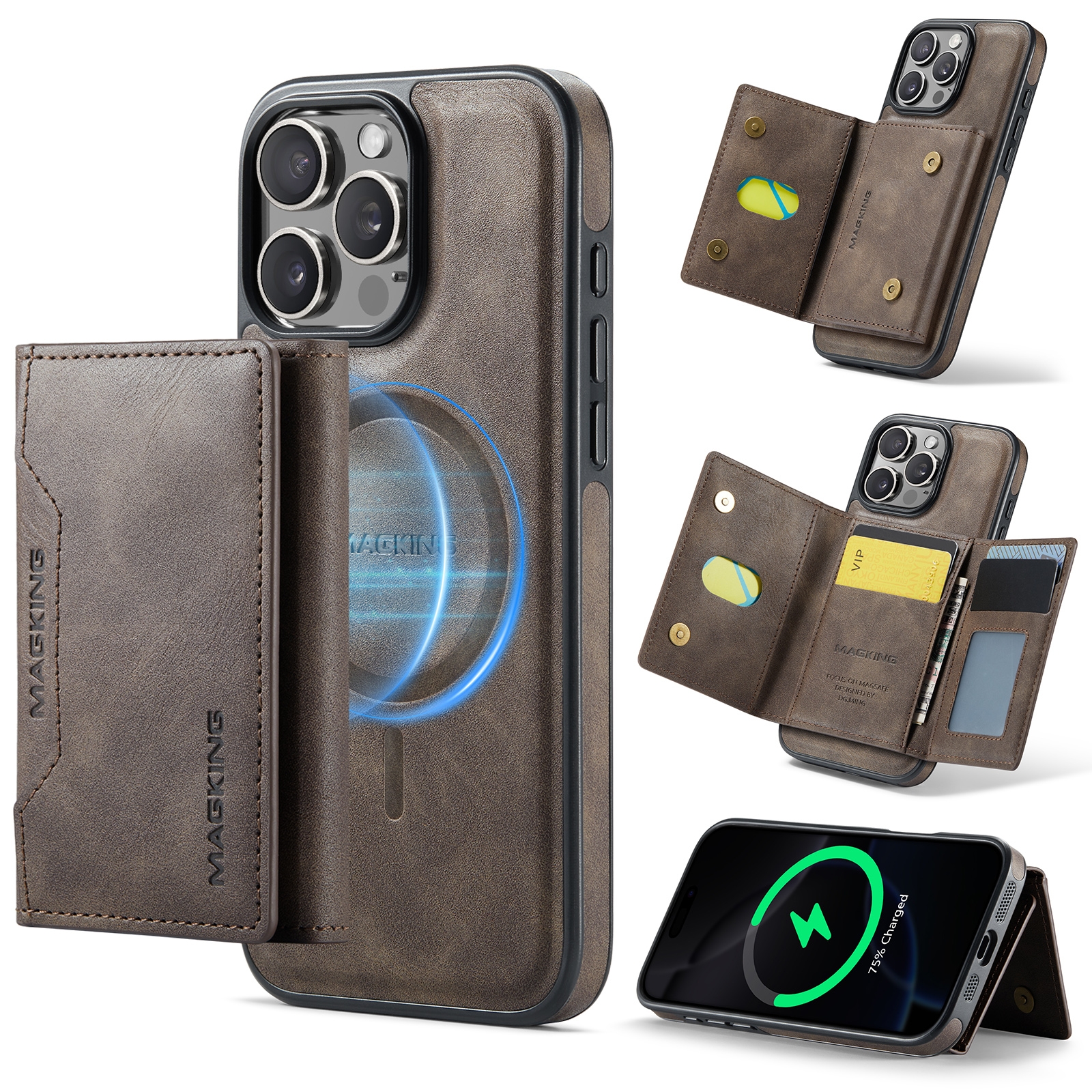 For iPhone 16 Pro Max MAGKING K2 Series MagSafe RFID Card Bag Detachable Phone Case(Coffee) - Shopkiz.com