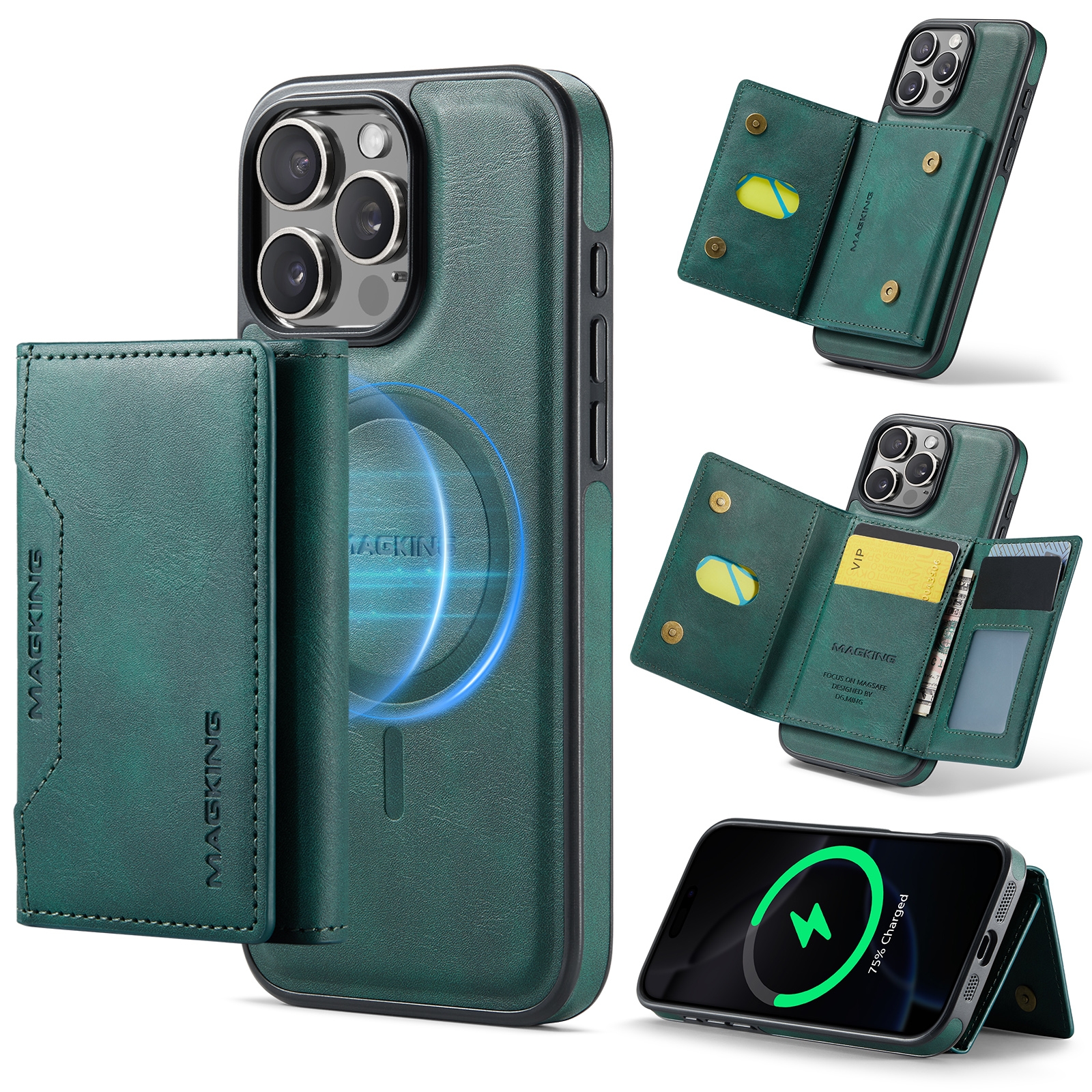 For iPhone 16 Pro Max MAGKING K2 Series MagSafe RFID Card Bag Detachable Phone Case(Green) - Shopkiz.com