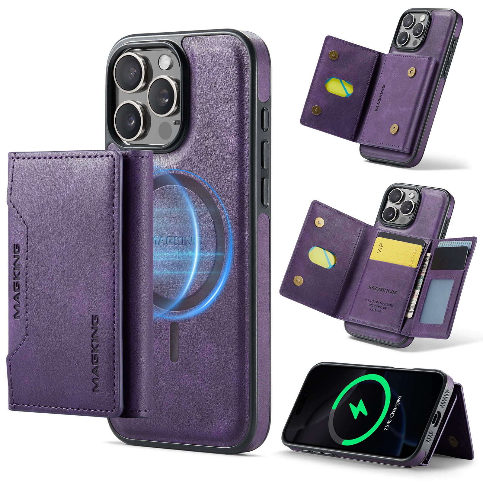 For iPhone 16 Pro MAGKING K2 Series MagSafe RFID Card Bag Detachable Phone Case(Purple) - Shopkiz.com