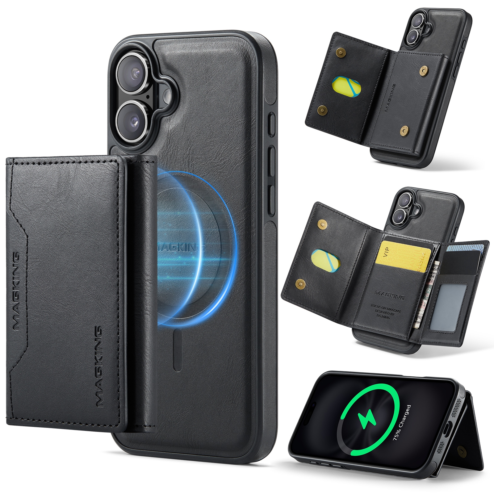 For iPhone 16 Plus MAGKING K2 Series MagSafe RFID Card Bag Detachable Phone Case(Black) - Shopkiz.com