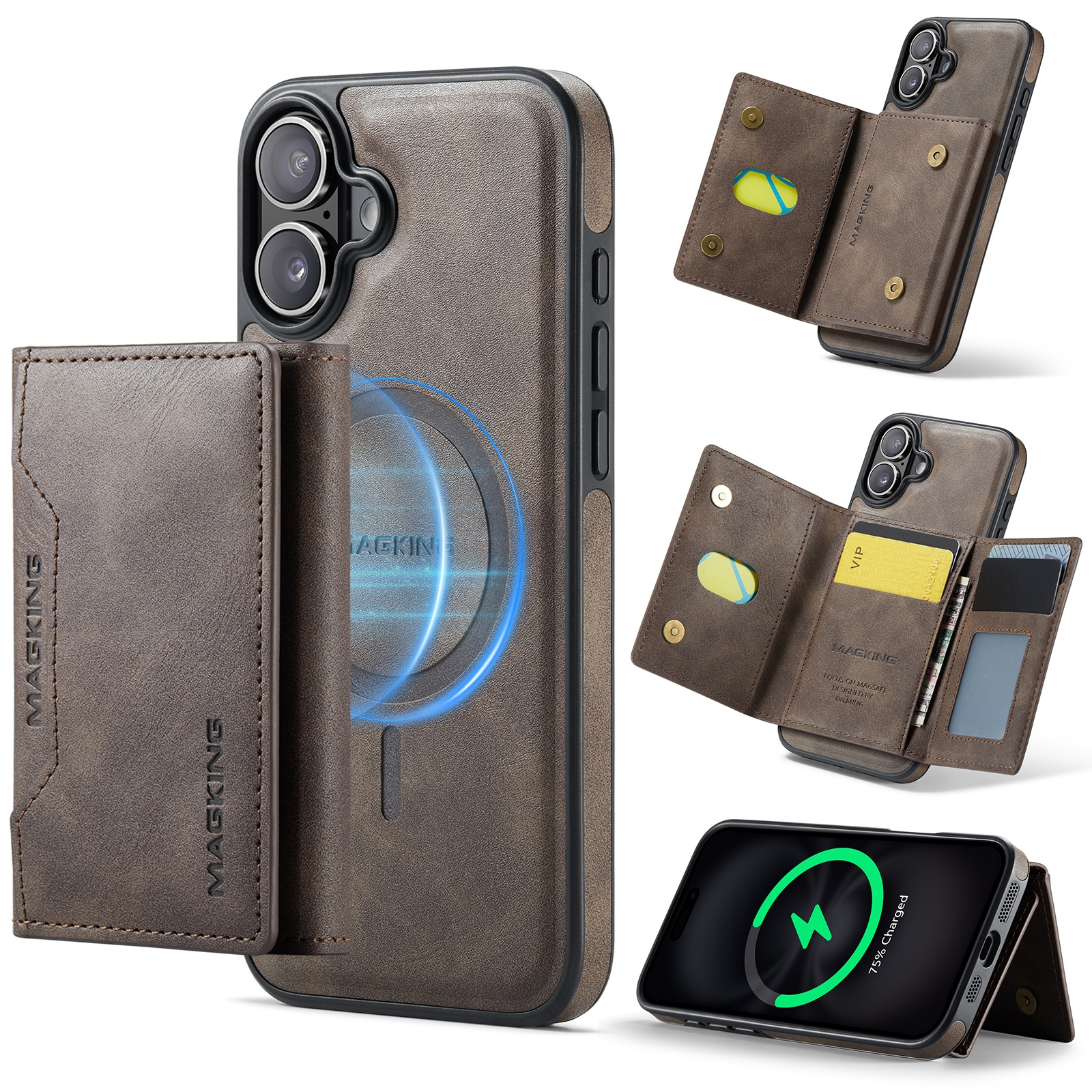 For iPhone 16 Plus MAGKING K2 Series MagSafe RFID Card Bag Detachable Phone Case(Coffee) - Shopkiz.com