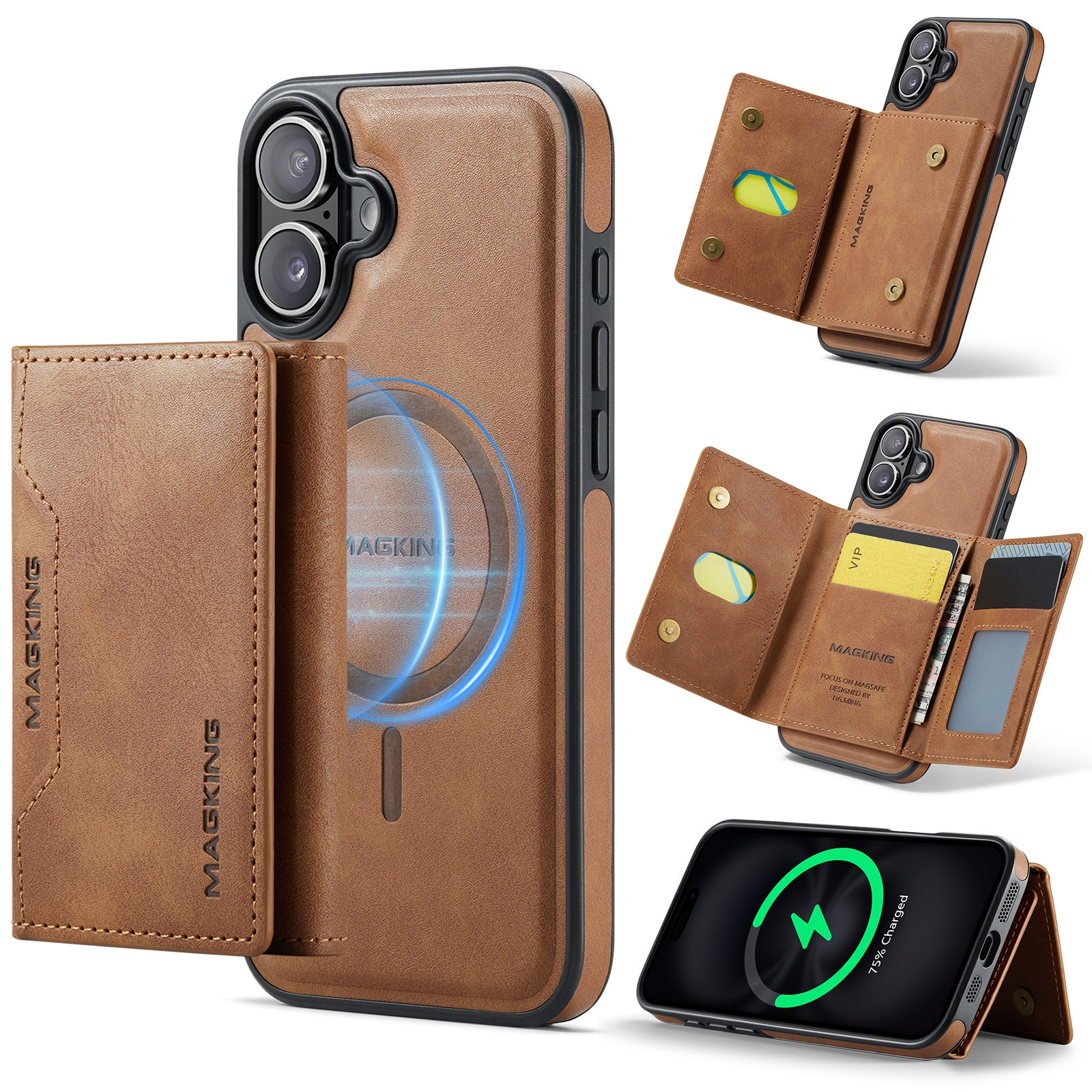 For iPhone 16 MAGKING K2 Series MagSafe RFID Card Bag Detachable Phone Case(Brown) - Shopkiz.com