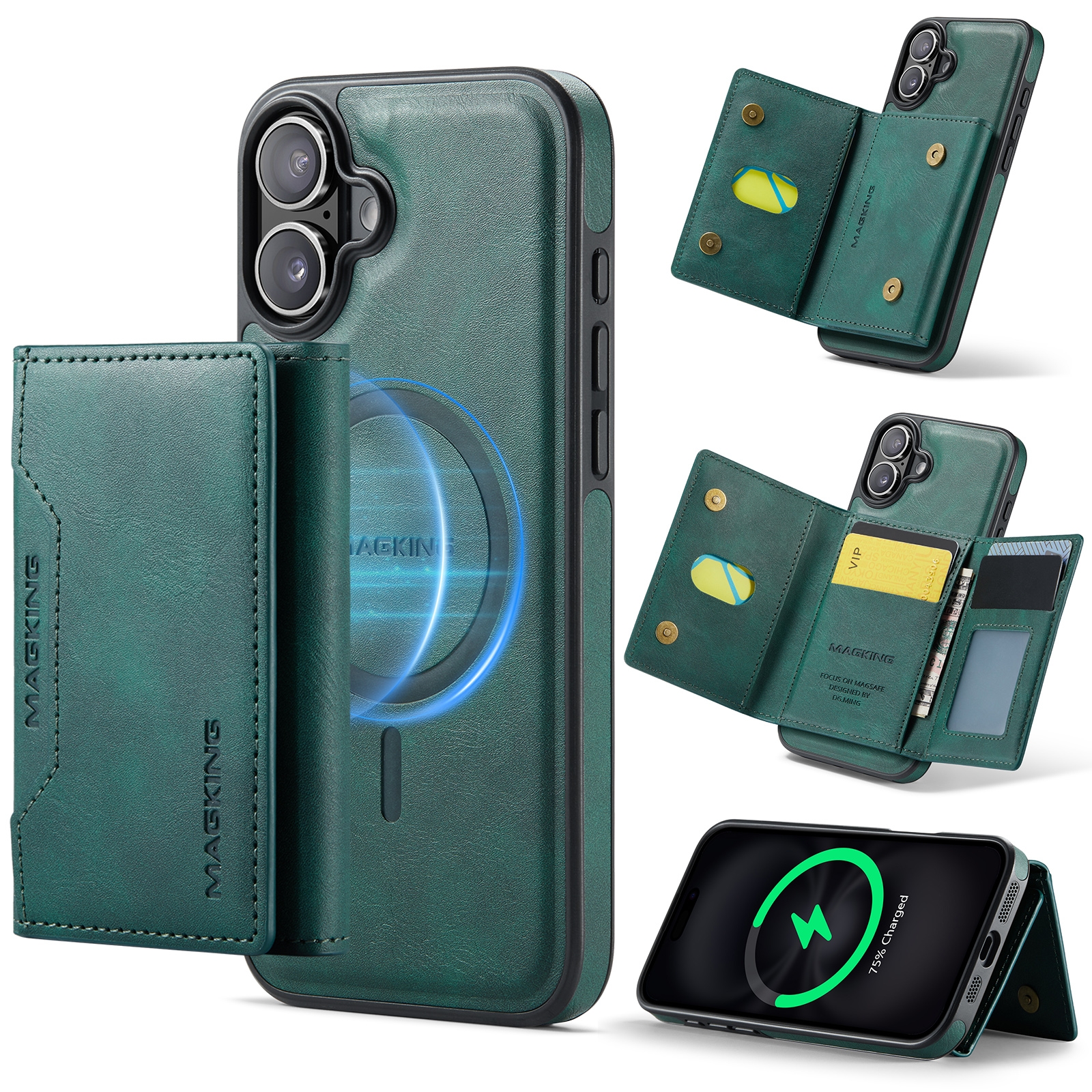For iPhone 16 MAGKING K2 Series MagSafe RFID Card Bag Detachable Phone Case(Green) - Shopkiz.com