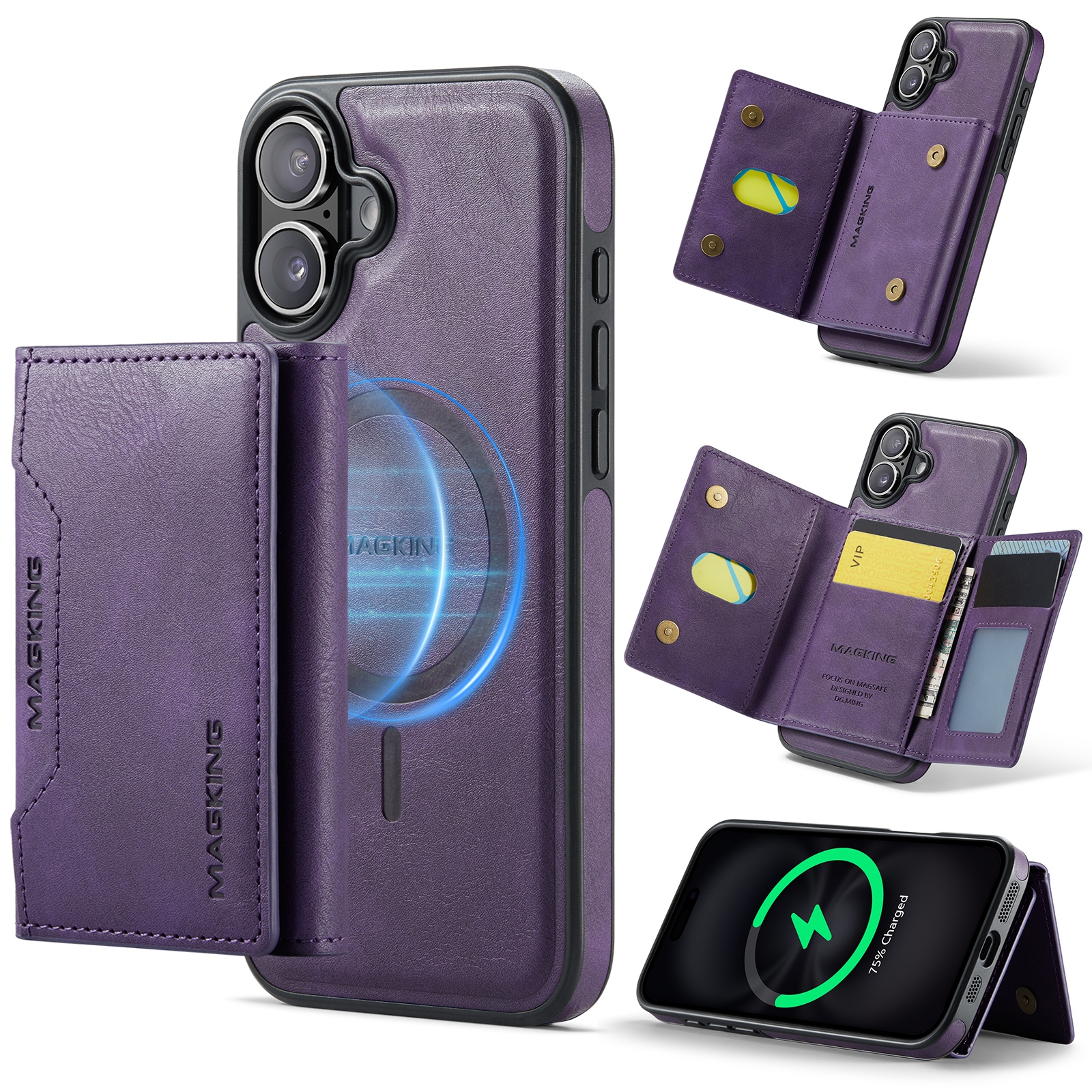 For iPhone 16 MAGKING K2 Series MagSafe RFID Card Bag Detachable Phone Case(Purple) - Shopkiz.com