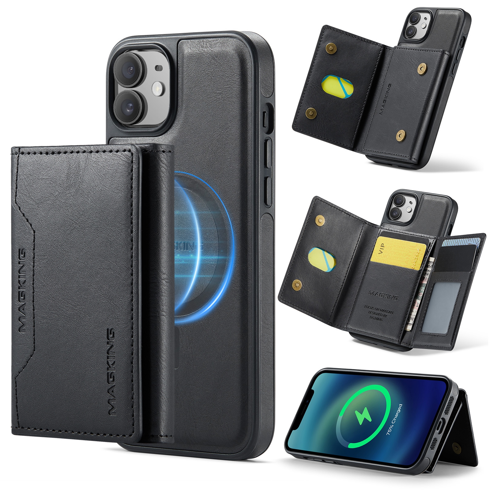 For iPhone 12 / 12 Pro MAGKING K2 Series MagSafe RFID Card Bag Detachable Phone Case(Black) - Shopkiz.com